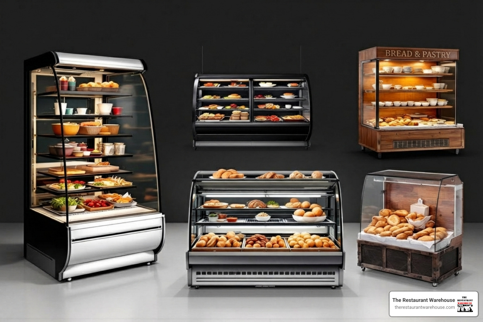 A lineup of diverse restaurant display cases, including a sleek refrigerated deli case with curved glass, a multi-tiered heated display for savory items, and a rustic wooden ambient bakery case filled with bread. - Restaurant display cases