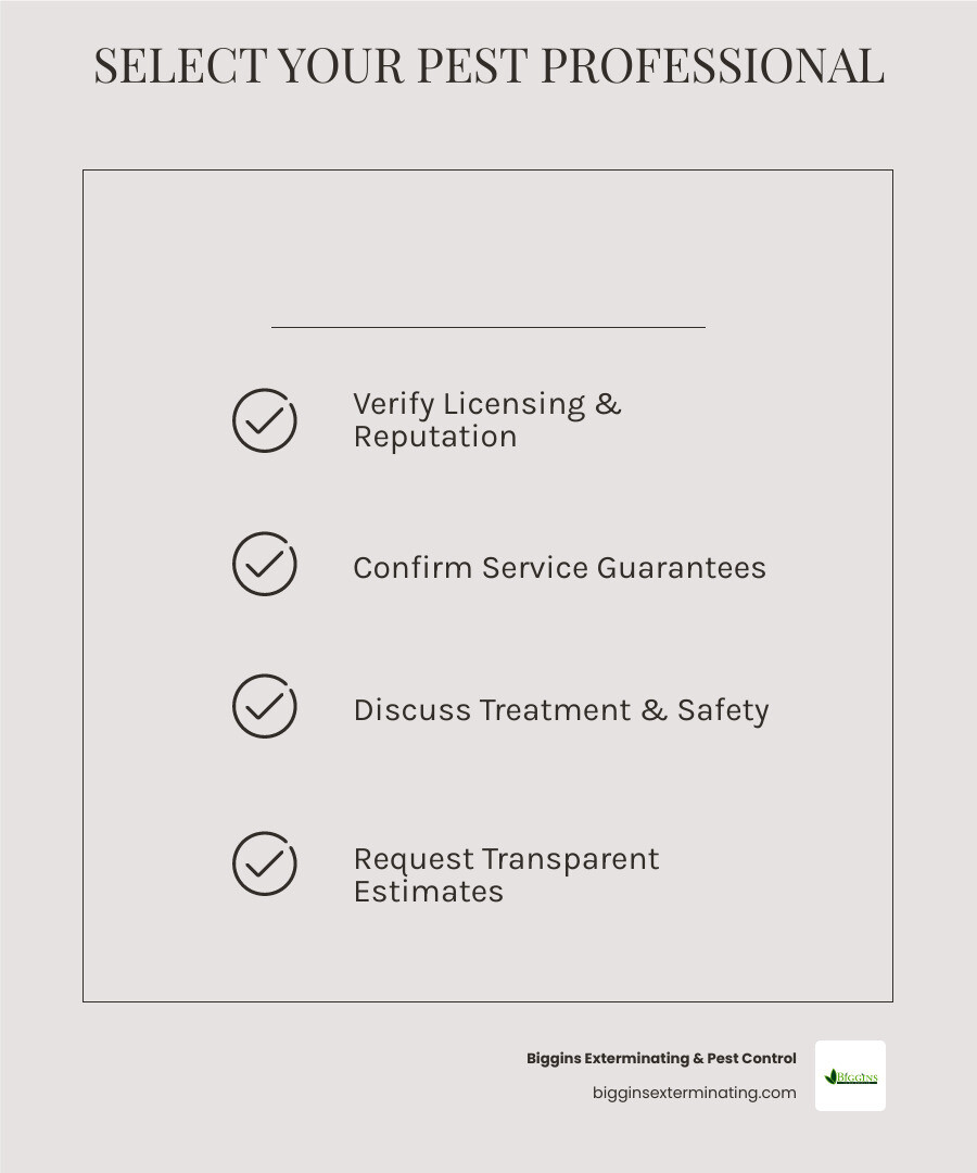 Infographic showing the five essential steps for selecting a Burlington pest control company: 1. Verify licensing and insurance credentials, 2. Check online reviews and local reputation, 3. Confirm service guarantees and warranties, 4. Ask about treatment methods and safety protocols, 5. Get free estimates from experienced local providers - Burlington pest control company infographic checklist-light-beige Infographic showing the five essential steps for selecting a Burlington pest control company: 1. Verify licensing and insurance credentials, 2. Check online reviews and local reputation, 3. Confirm service guarantees and warranties, 4. Ask about treatment methods and safety protocols, 5. Get free estimates from experienced local providers - Burlington pest control company infographic checklist-light-beige