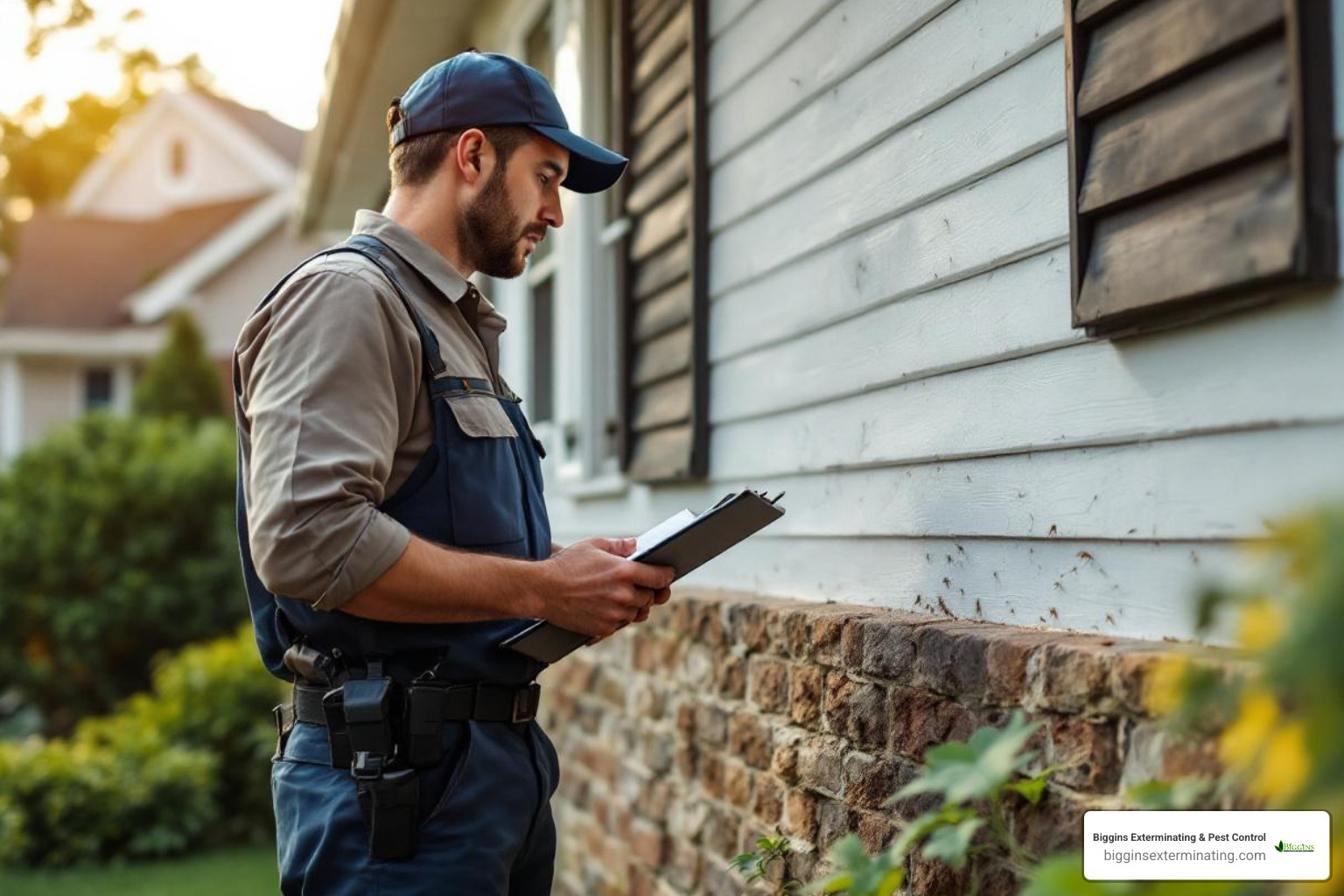 A licensed pest control technician inspecting the exterior of a house - Burlington pest control company A licensed pest control technician inspecting the exterior of a house - Burlington pest control company