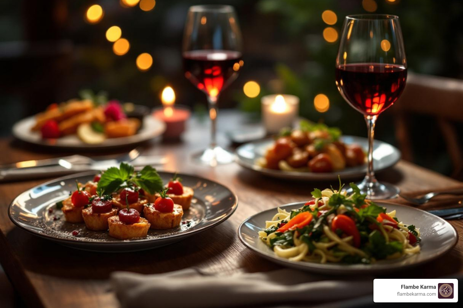 beautifully plated shareable appetizers on a table for two - nice restaurant for date