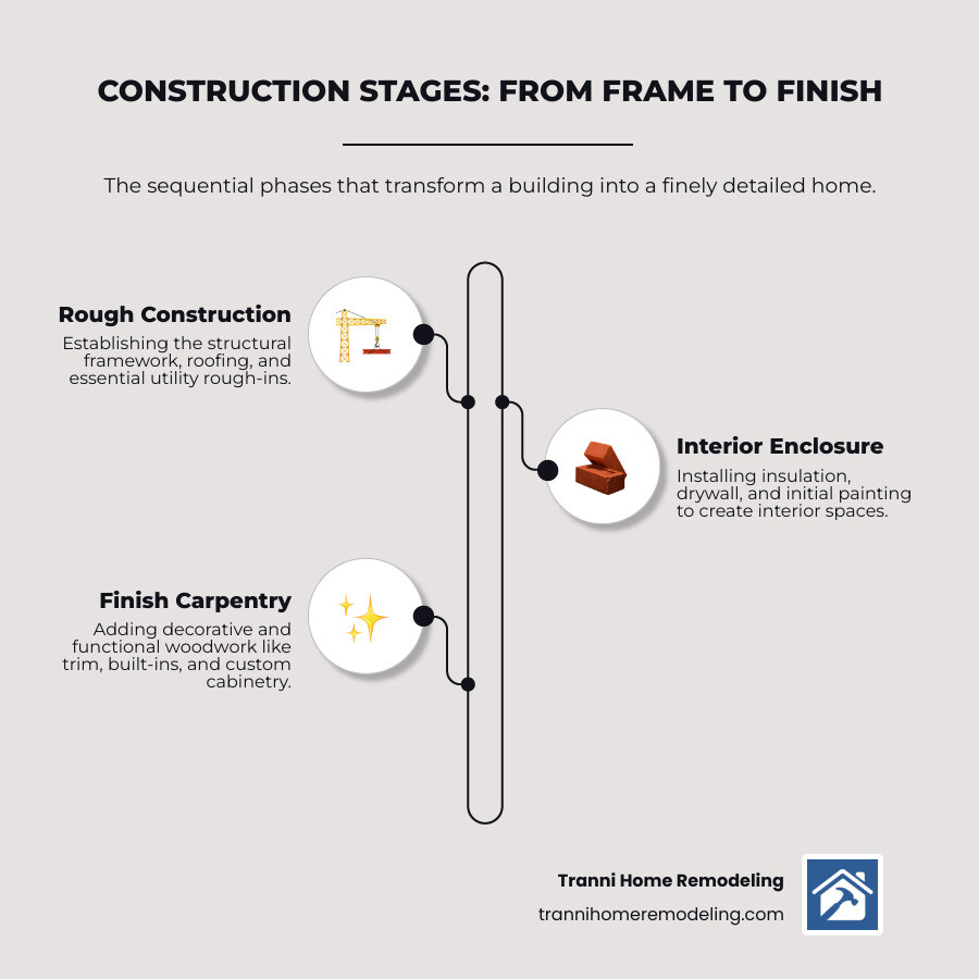 infographic showing the construction timeline from rough framing and structural work through drywall installation, painting, and final finish carpentry installation with detailed trim, cabinetry, and built-ins - finish custom carpentry infographic infographic-line-3-steps-elegant_beige infographic showing the construction timeline from rough framing and structural work through drywall installation, painting, and final finish carpentry installation with detailed trim, cabinetry, and built-ins - finish custom carpentry infographic infographic-line-3-steps-elegant_beige