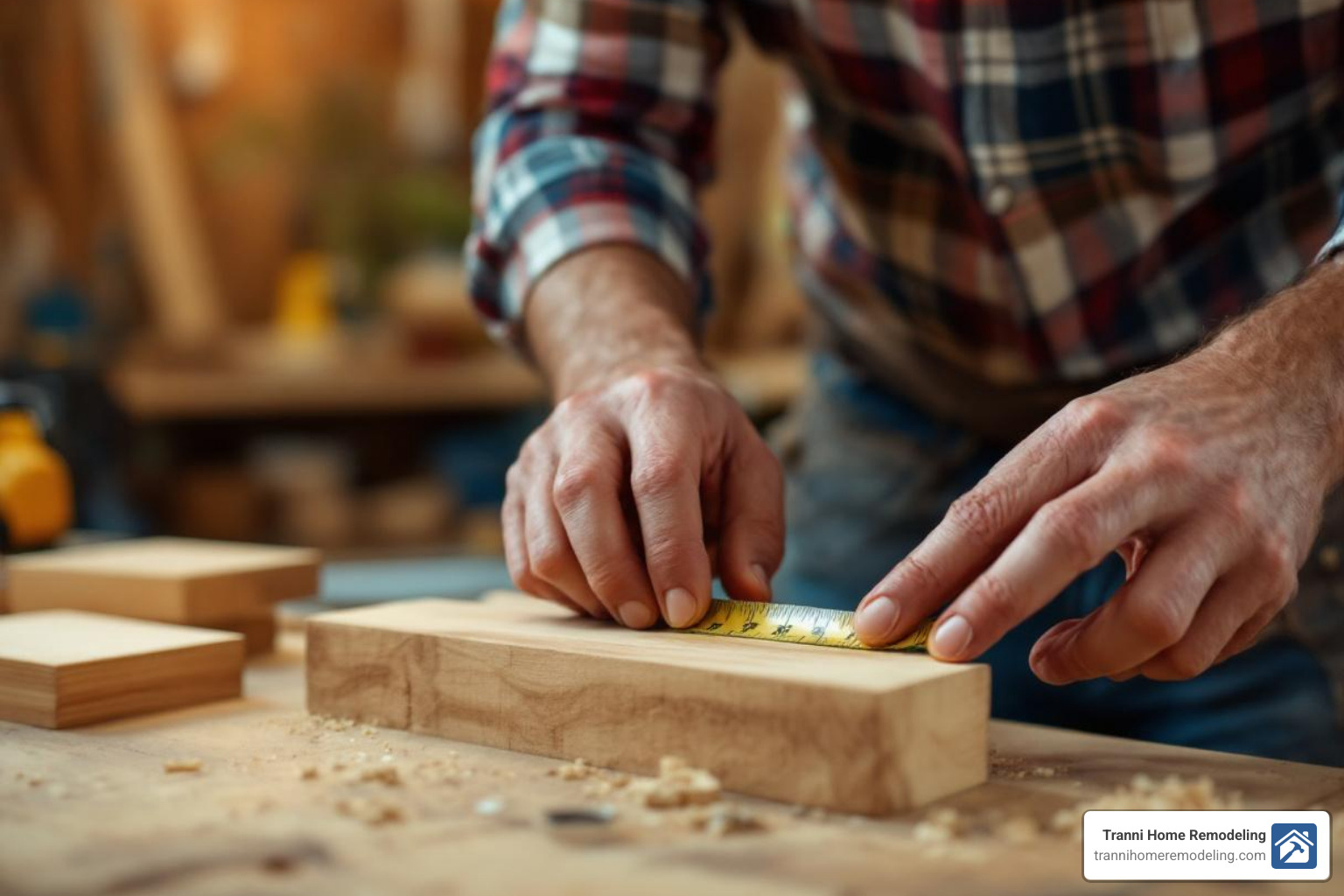 a craftsman carefully measuring wood - finish custom carpentry a craftsman carefully measuring wood - finish custom carpentry