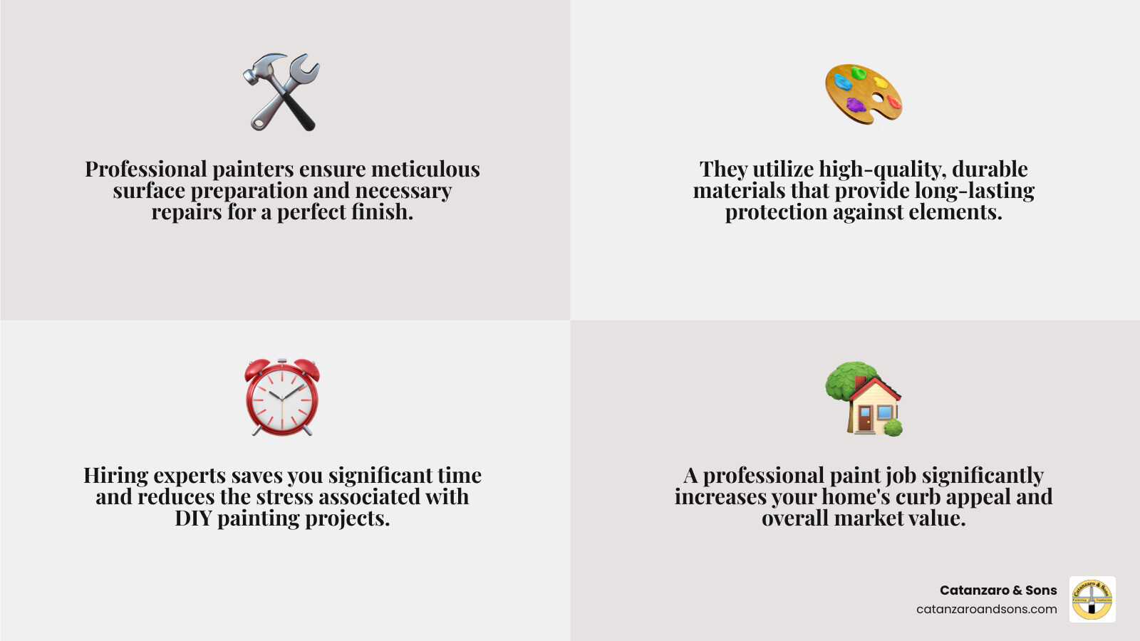 infographic showing the top 5 benefits of hiring professional painters: expert surface preparation and repair, high-quality materials for lasting protection, time savings and stress reduction, safety equipment and proper techniques, increased home value and curb appeal - Professional painters Barrington infographic 4_facts_emoji_grey infographic showing the top 5 benefits of hiring professional painters: expert surface preparation and repair, high-quality materials for lasting protection, time savings and stress reduction, safety equipment and proper techniques, increased home value and curb appeal - Professional painters Barrington infographic 4_facts_emoji_grey