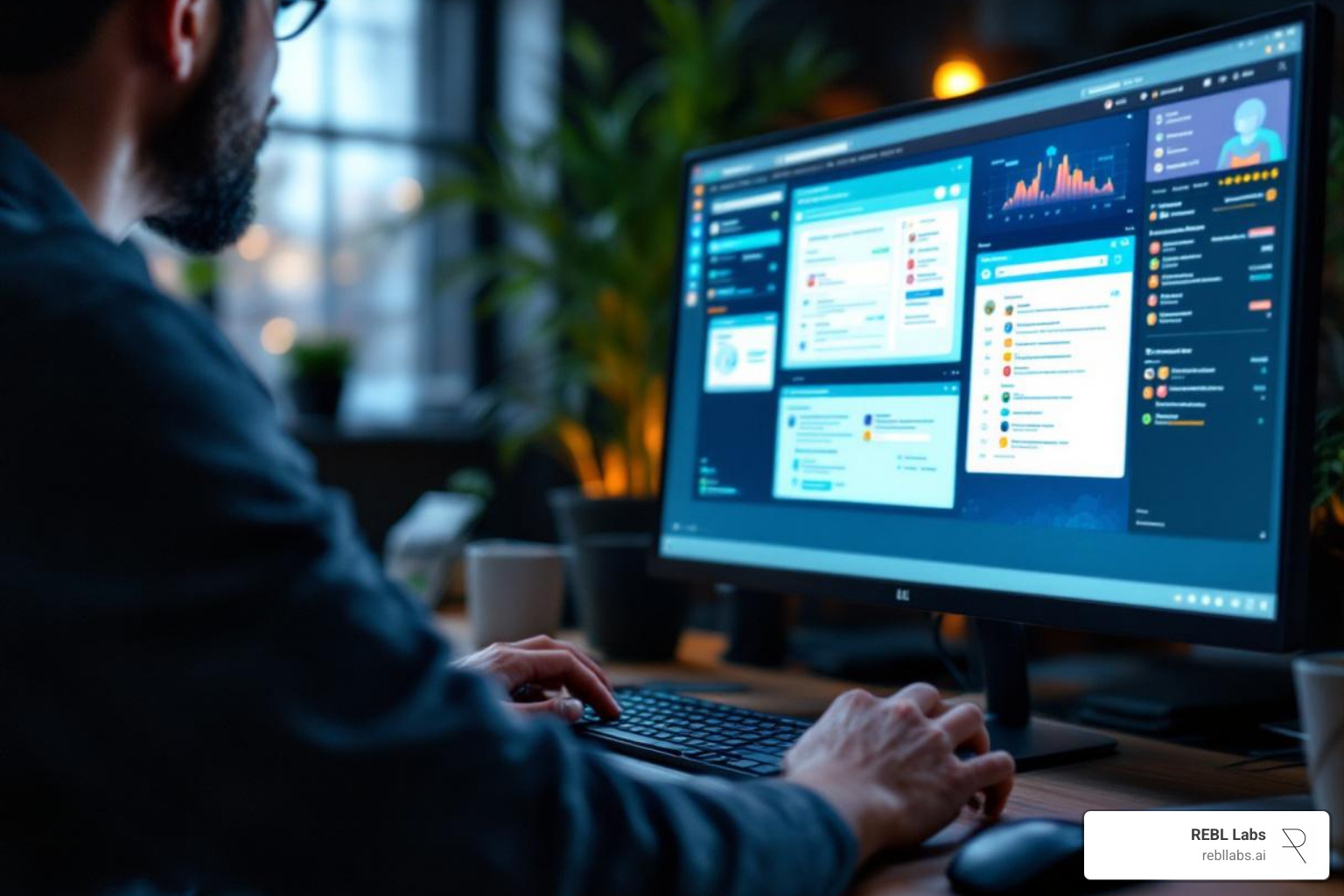 a marketer using multiple AI tools on a screen - B2B marketing AI tools