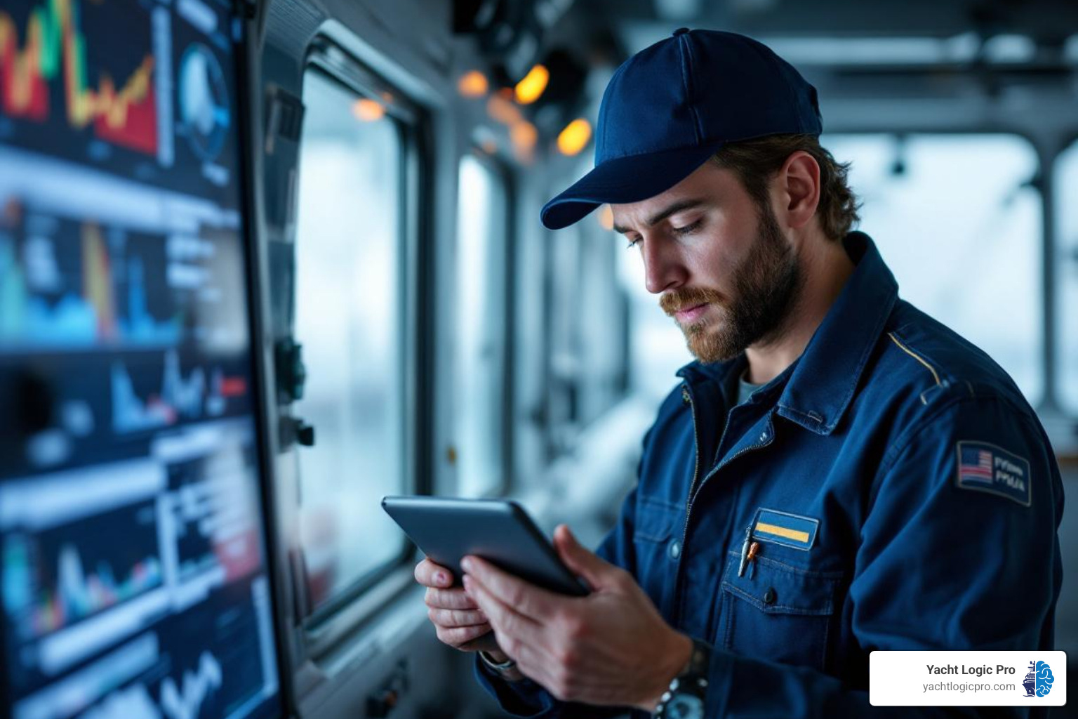 crew member analyzing data on tablet - Marine automation solutions