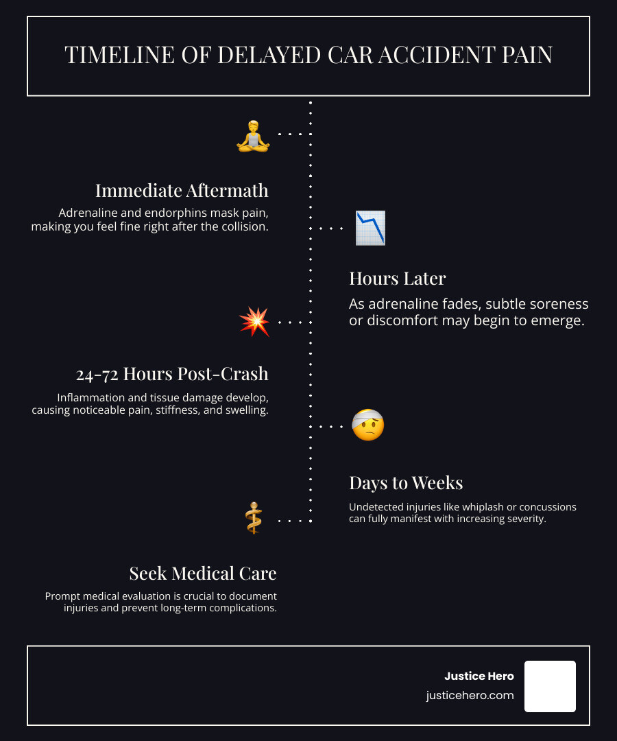 infographic showing timeline of delayed pain symptoms after car accident - pain after car accident infographic infographic-line-5-steps-dark infographic showing timeline of delayed pain symptoms after car accident - pain after car accident infographic infographic-line-5-steps-dark