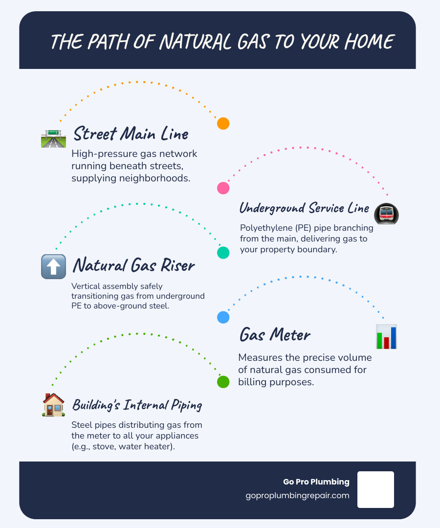 Infographic showing the complete path of natural gas delivery: starting from the street main line, traveling through the underground polyethylene service line, rising vertically through the natural gas riser assembly with its transition fitting, connecting to the gas meter, and finally distributing through steel piping into the building to supply appliances like water heaters, furnaces, and stoves - natural gas riser infographic infographic-line-5-steps-blues-accent_colors