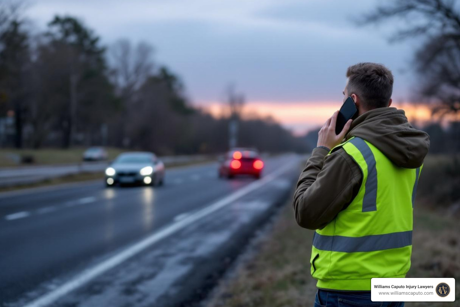 driver safely on the phone with 911 by the side of the road - auto accident lawyer austin