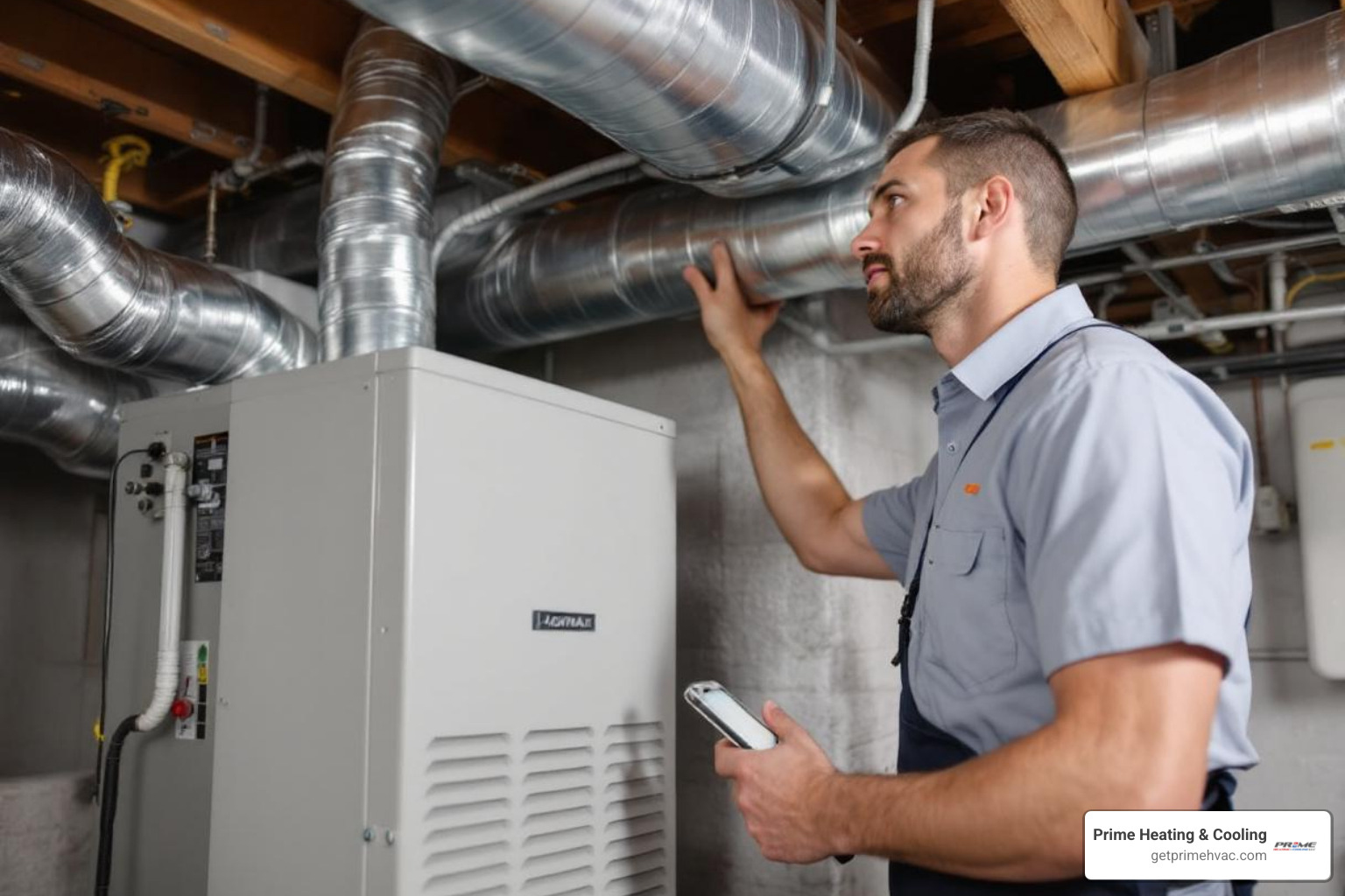 HVAC technician inspecting air handler and ductwork - ducted heat pump installation cost HVAC technician inspecting air handler and ductwork - ducted heat pump installation cost