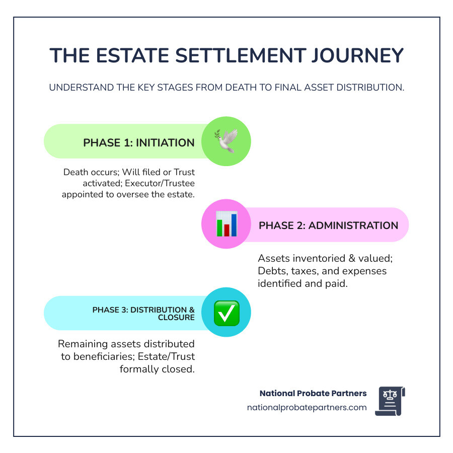 Infographic showing the estate settlement journey: Death occurs → Will filed with court or trust activated → Executor/trustee appointed → Assets inventoried and valued → Debts and taxes paid → Remaining assets distributed to beneficiaries → Estate closed - probate trust attorney infographic infographic-line-3-steps-colors