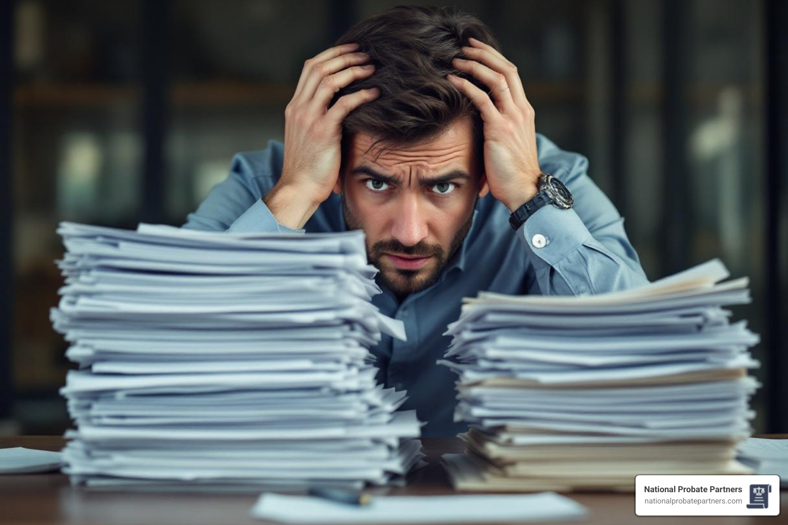 A person looking concerned at a stack of paperwork - probate trust attorney