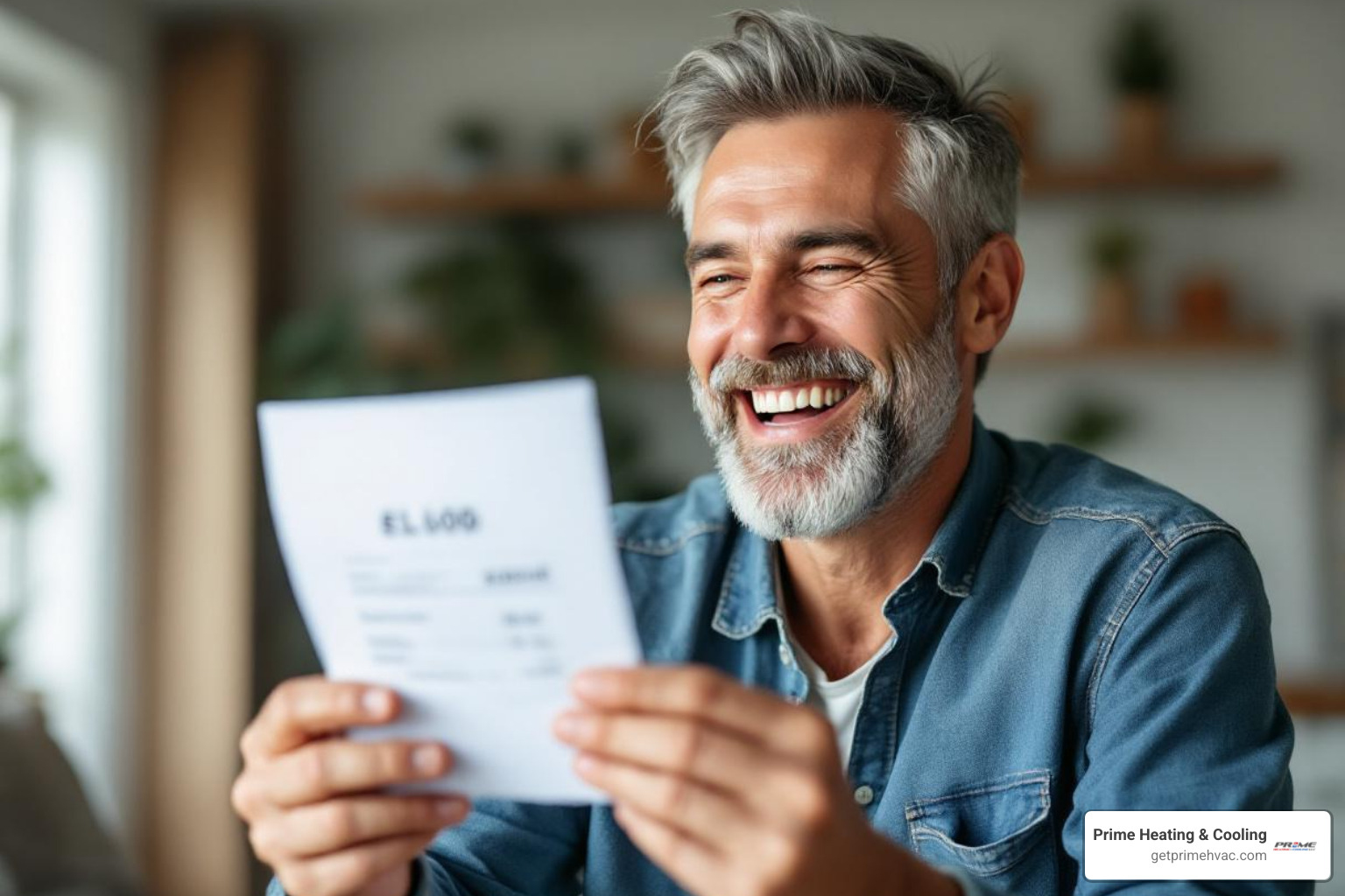 A happy homeowner smiling while looking at a lower energy bill - cost of installing ductless mini split