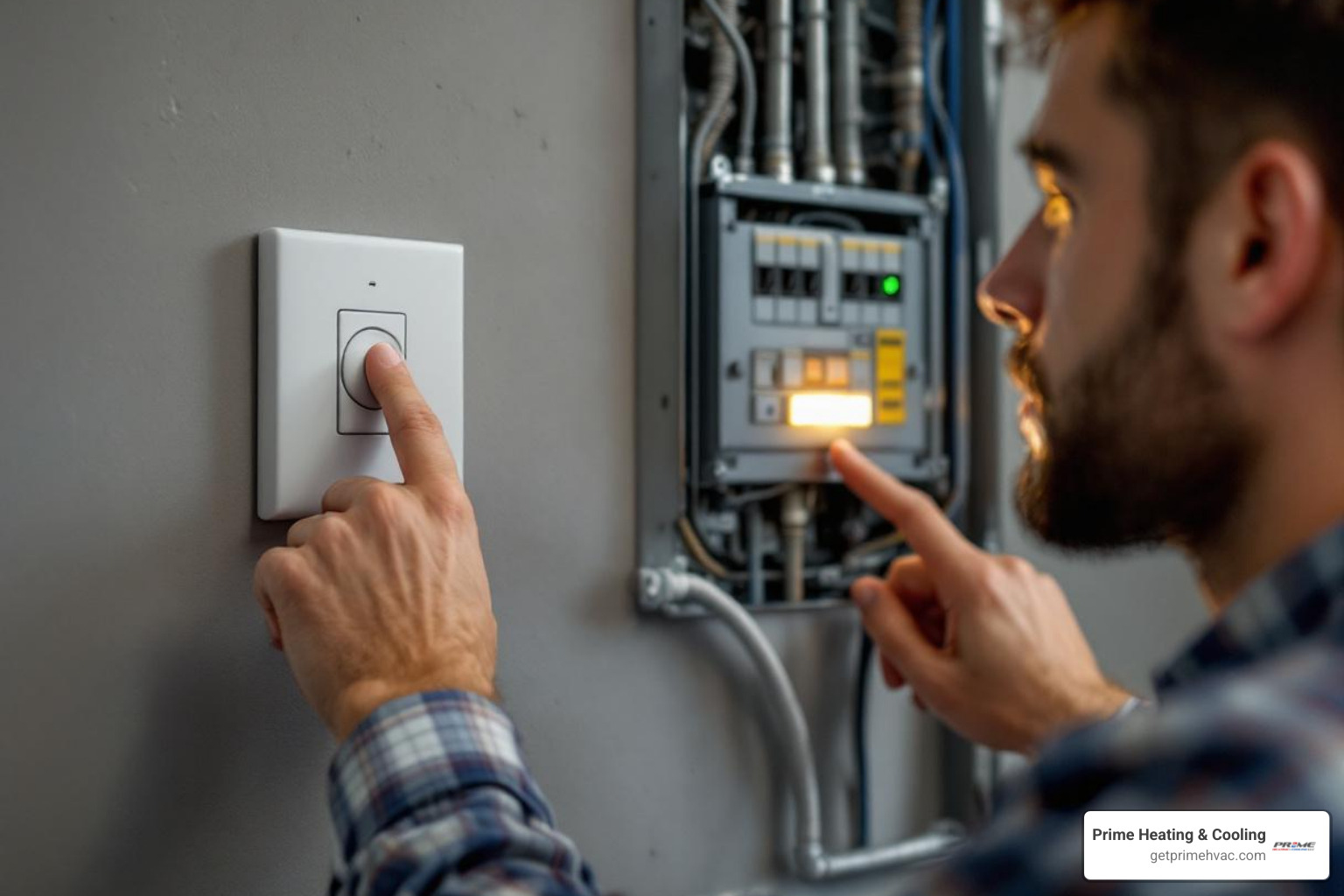 homeowner looking at furnace power switch and circuit breaker panel - Furnace won't ignite homeowner looking at furnace power switch and circuit breaker panel - Furnace won't ignite