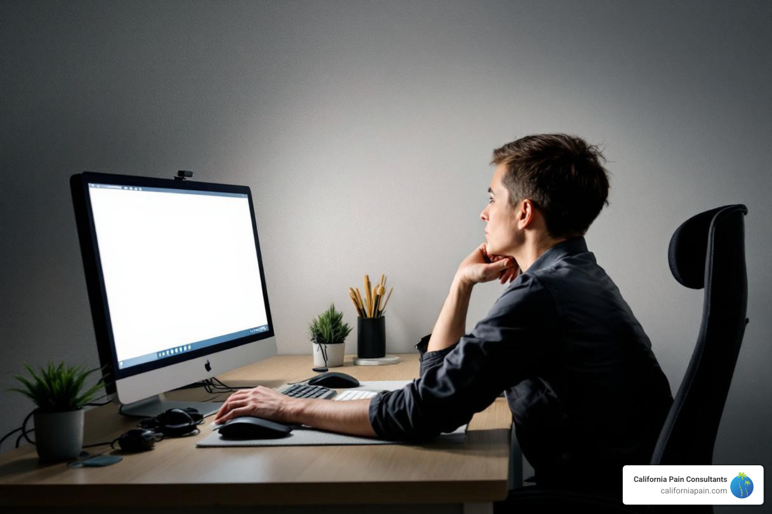 person with poor posture at a desk - Upper back pain causes
