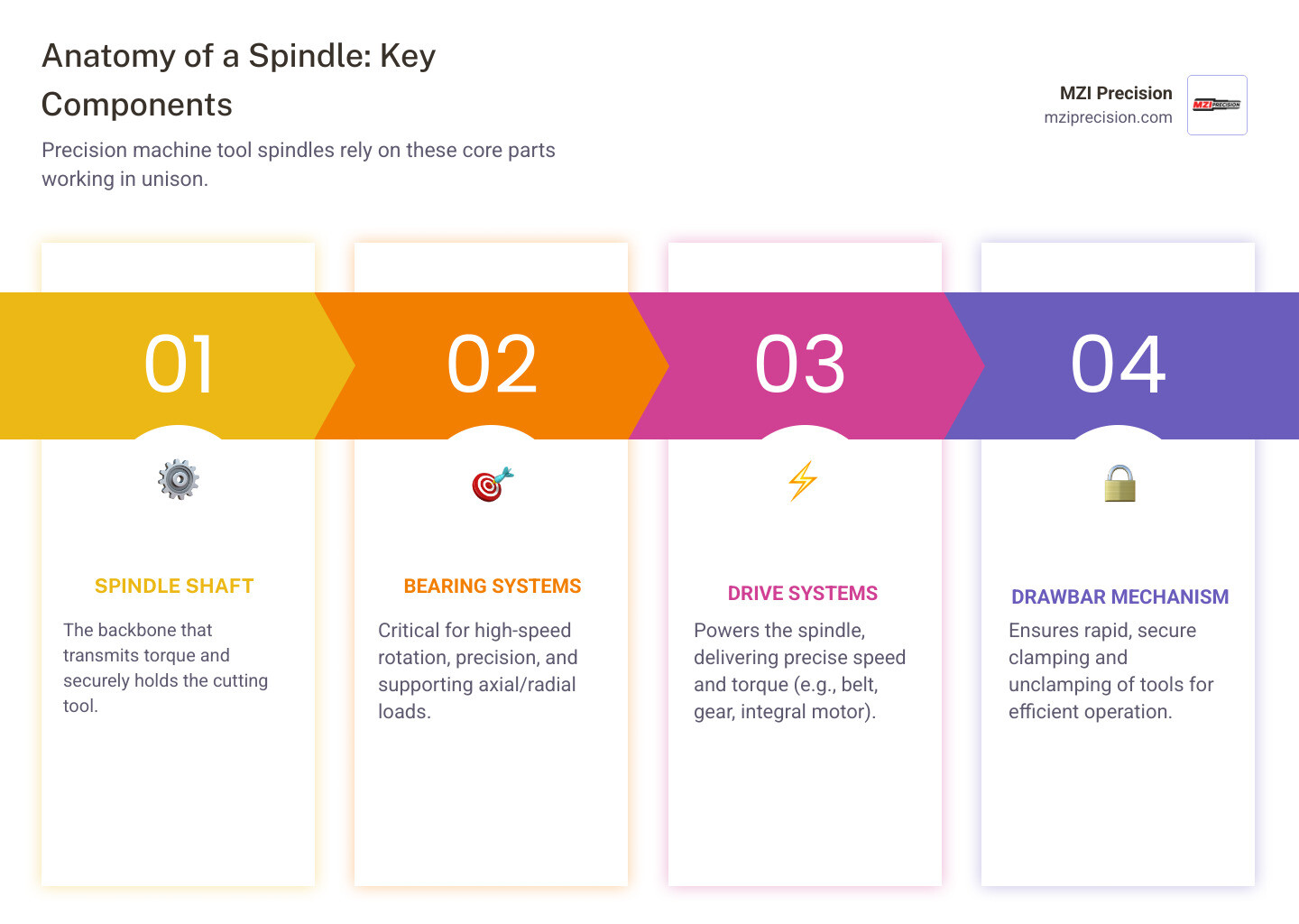 detailed cutaway diagram of a CNC machine spindle with major parts labeled - Spindle Parts infographic pillar-4-steps