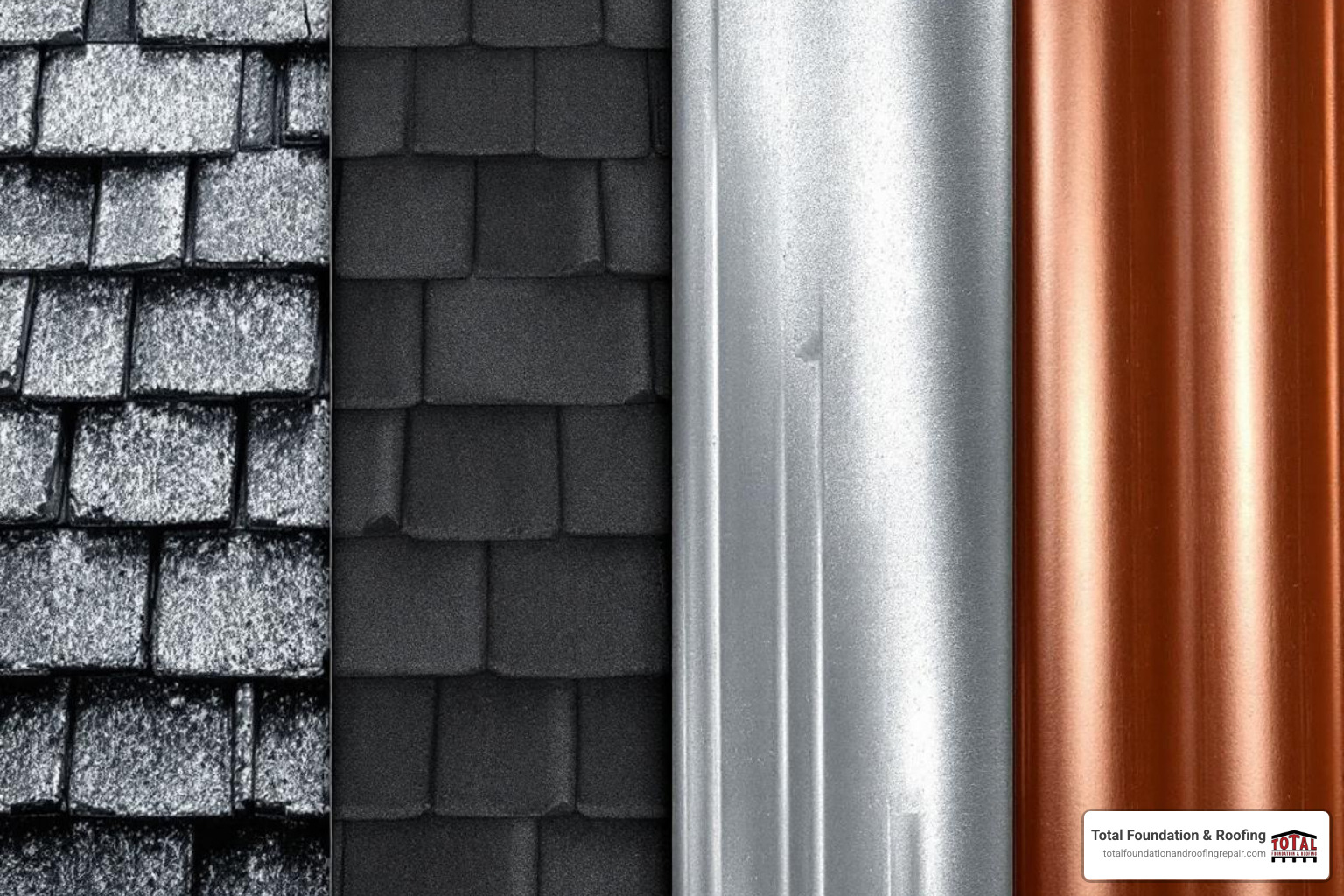 Side-by-side comparisons of asphalt shingles, metal panels, and roll roofing - garage roof repair cost