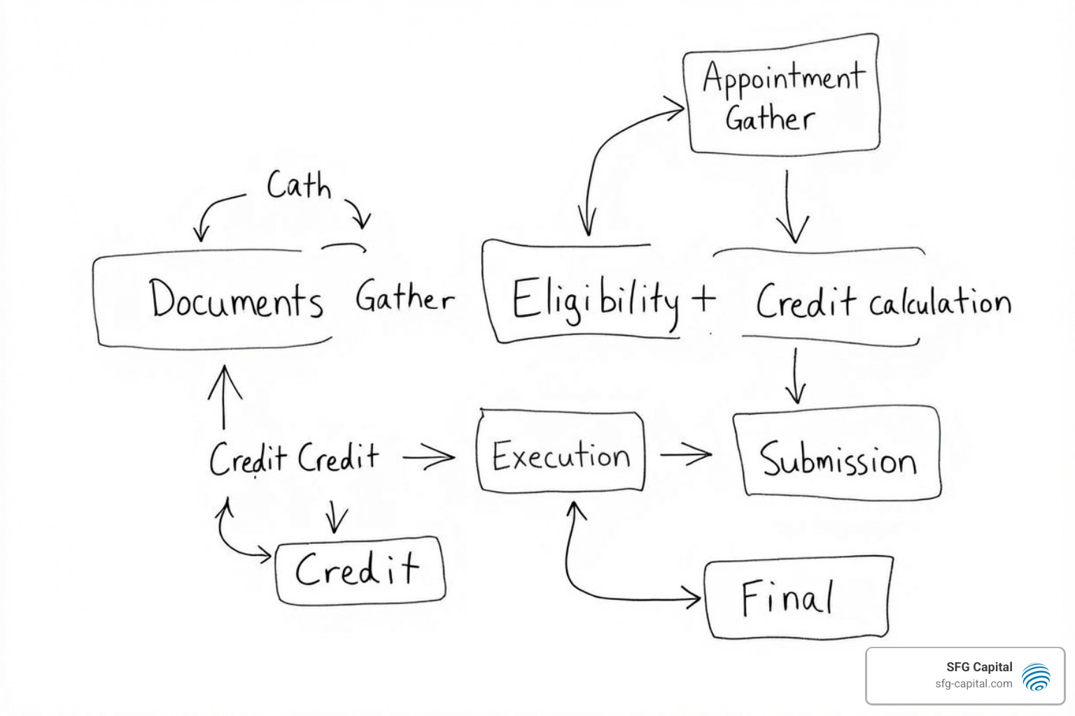 A flowchart illustrating the ERC application process from initial document gathering and eligibility assessment, through credit calculation, to final submission of Form 941-X to the IRS. - ERC funding application