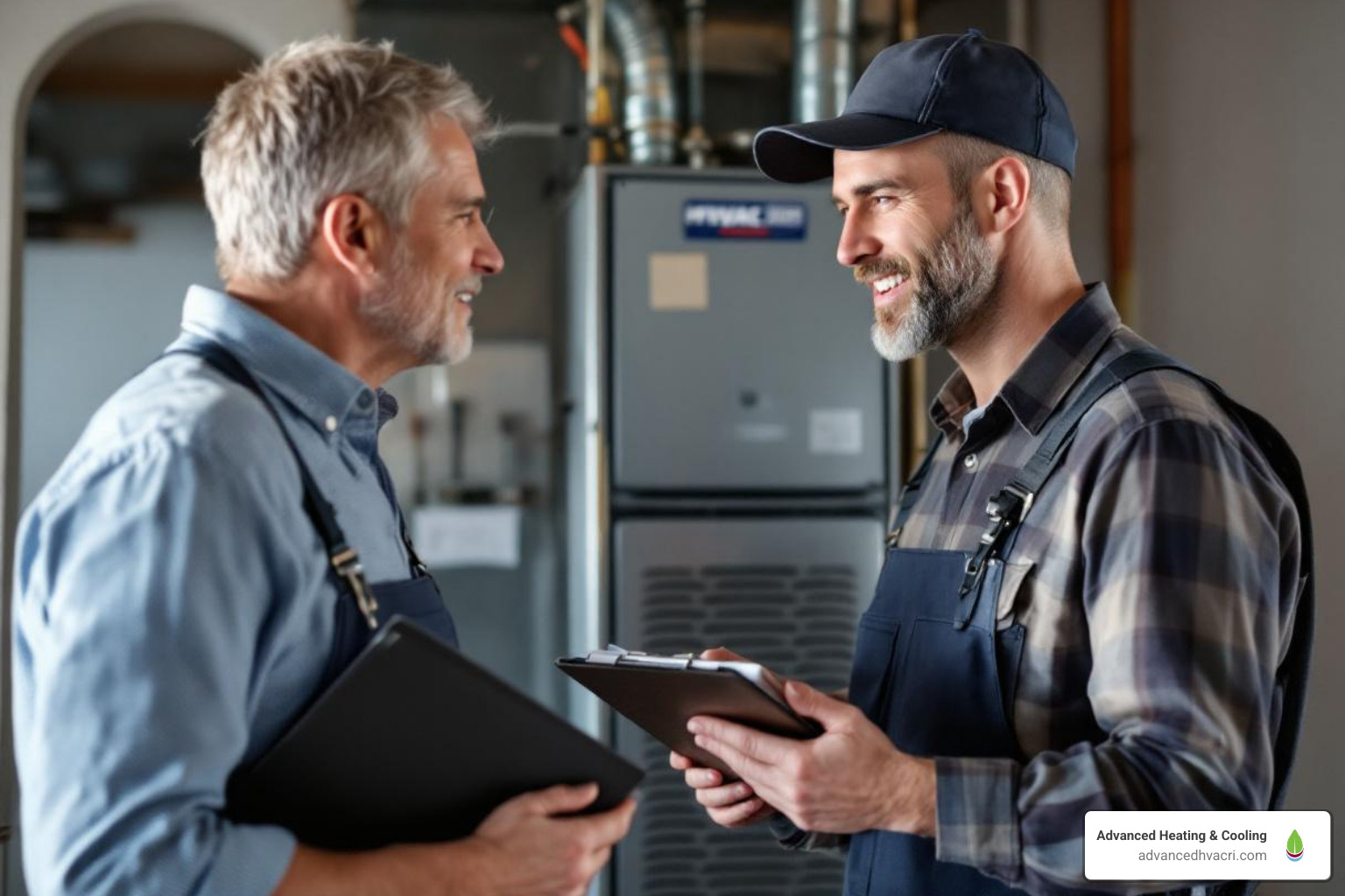 a homeowner talking to an HVAC technician with a clipboard - emergency furnace replacement service
