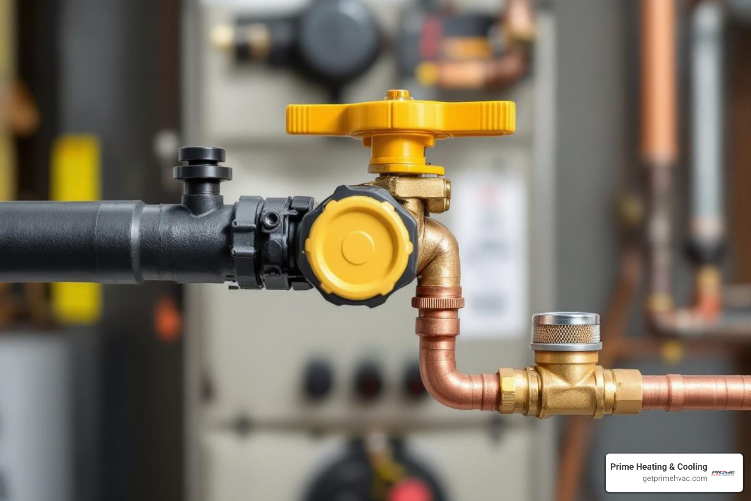 Image showing a gas line with a yellow shut-off valve and a copper oil line with an oil filter - floor furnace repair Image showing a gas line with a yellow shut-off valve and a copper oil line with an oil filter - floor furnace repair