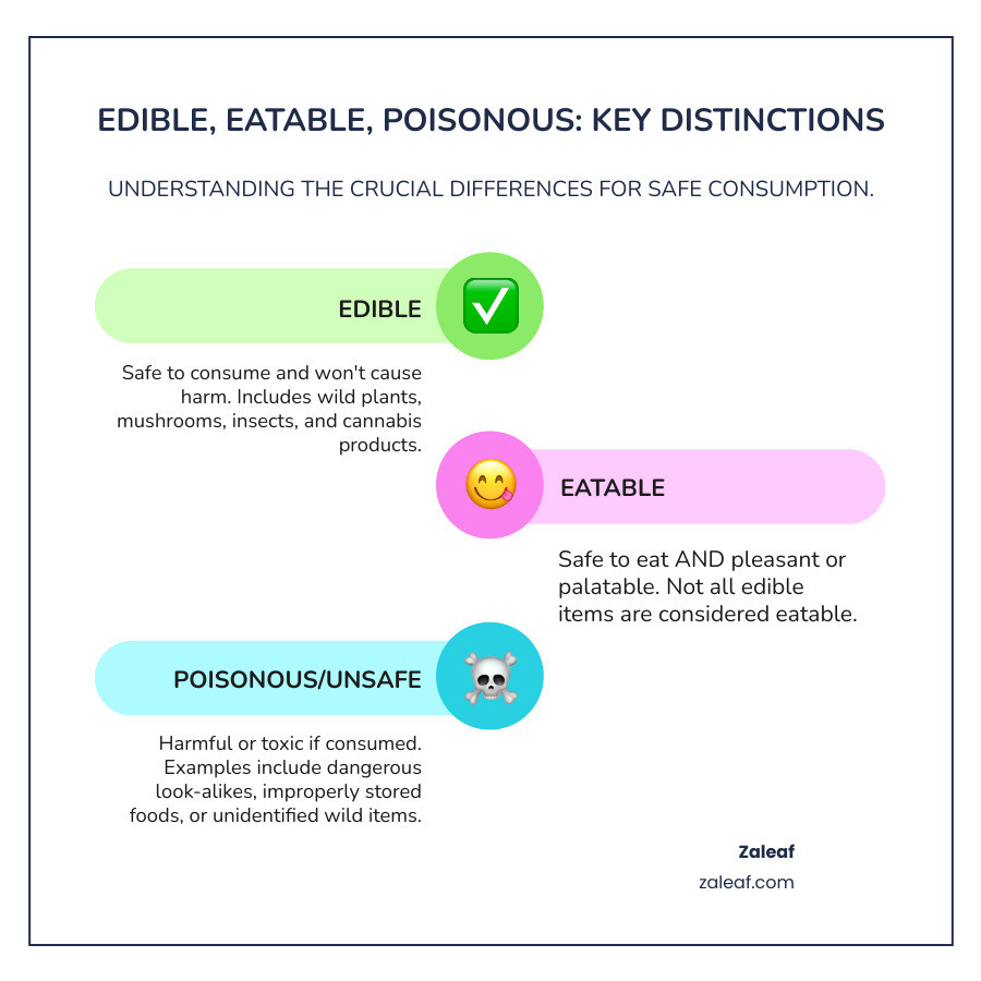 Infographic showing three categories: Edible (safe to consume, includes wild plants, mushrooms, insects, and cannabis products), Eatable (safe AND tasty), and Poisonous/Unsafe (toxic look-alikes, improperly stored foods, unidentified wild items). Each category includes visual examples and key safety considerations. - edible infographic infographic-line-3-steps-colors