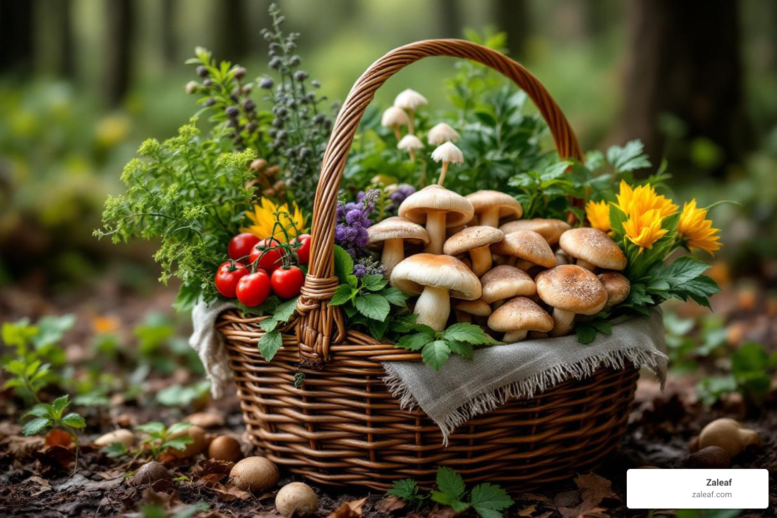 of a forager's basket with wild edible plants and mushrooms - edible