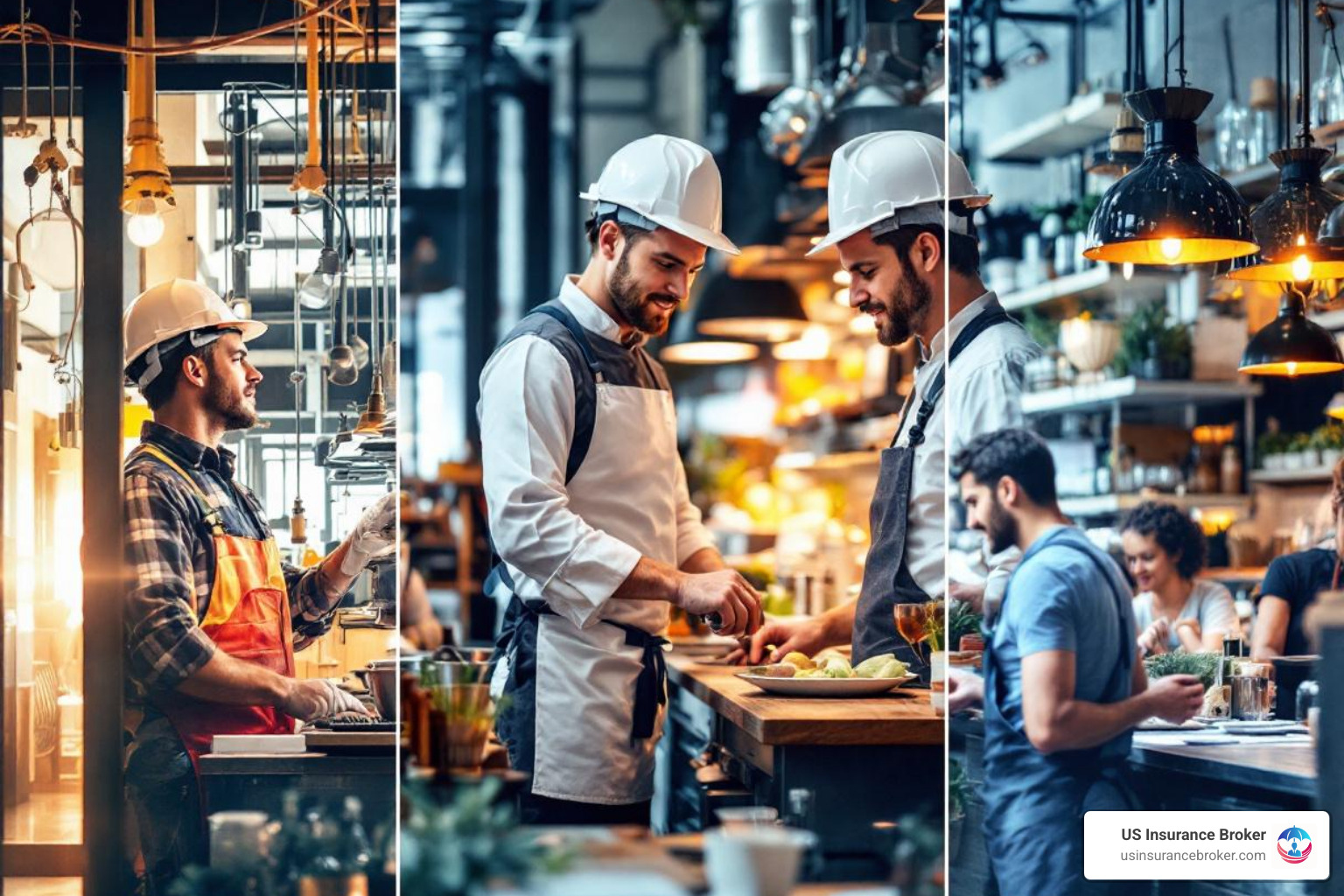 Diverse Florida businesses including a construction site, a bustling restaurant kitchen, and a vibrant retail shop - pay as you go workers comp florida Diverse Florida businesses including a construction site, a bustling restaurant kitchen, and a vibrant retail shop - pay as you go workers comp florida