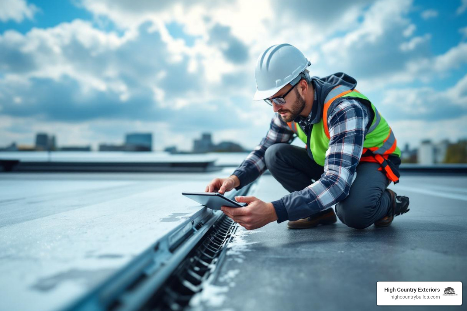 A professional roofer in safety gear inspecting the surface of a flat roof, checking seams and drainage with a tablet in hand - id flat roof A professional roofer in safety gear inspecting the surface of a flat roof, checking seams and drainage with a tablet in hand - id flat roof