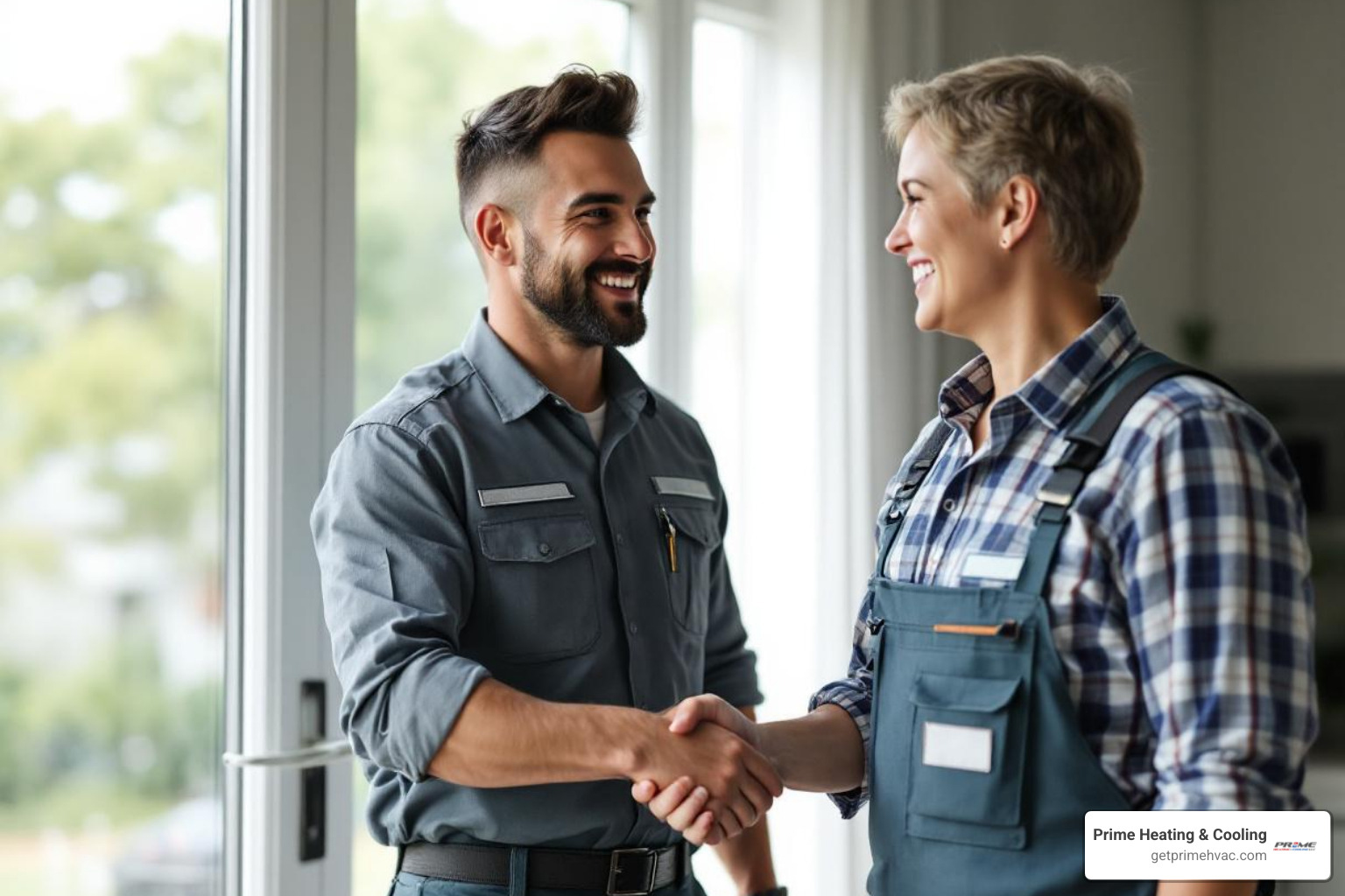 Homeowner shaking hands with a friendly HVAC technician - hvac contractors in ri