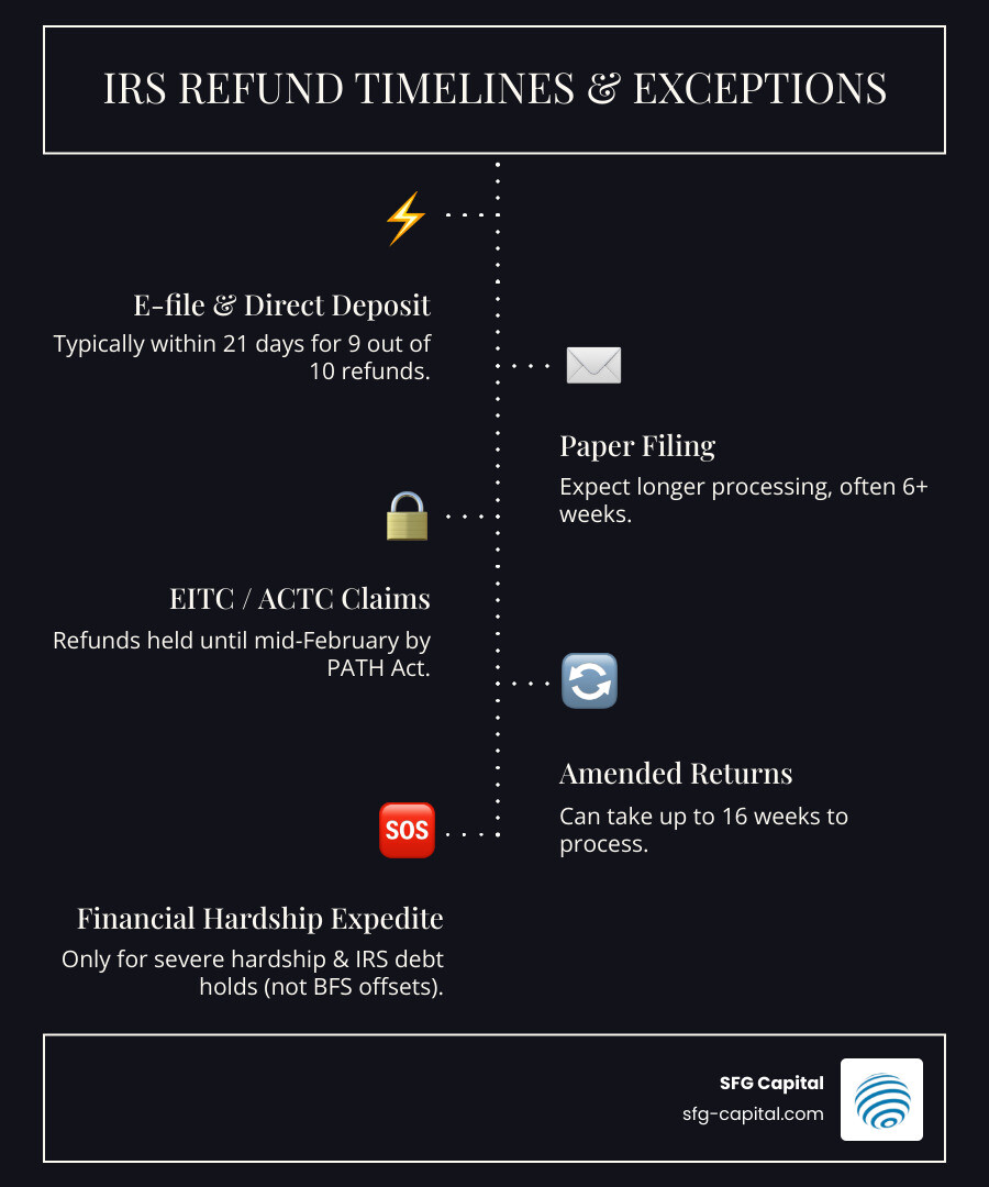 Infographic showing IRS refund timeline: E-file with direct deposit typically processes in 21 days, paper filing takes 6+ weeks, EITC/ACTC refunds held until mid-February, amended returns take up to 16 weeks, and financial hardship requests may expedite processing only for IRS debt holds - Expedite IRS refund infographic infographic-line-5-steps-dark