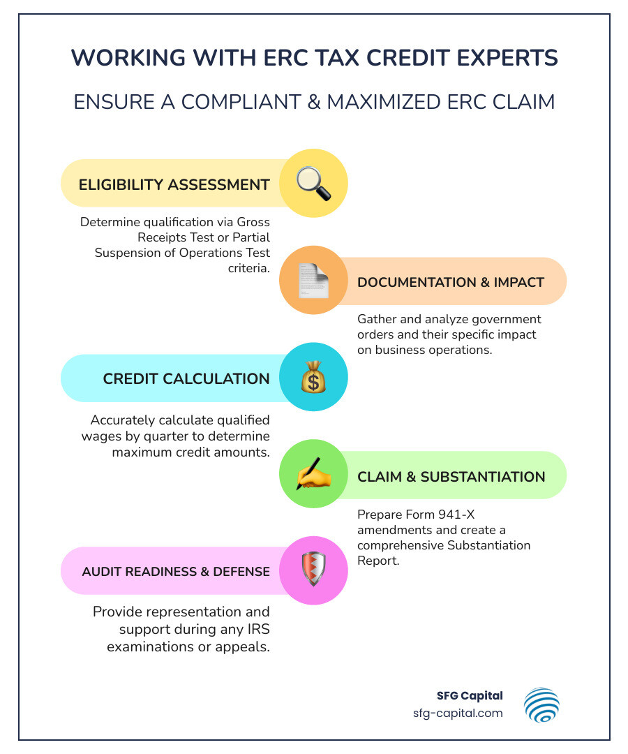 Infographic showing the key components of working with ERC tax credit experts: eligibility determination through Gross Receipts Test (50% decline in 2020, 20% in 2021) or Partial Suspension of Operations Test, documentation of government orders and business impact, calculation of qualified wages by quarter, preparation of Form 941-X amendments, creation of comprehensive Substantiation Report, and ongoing audit defense support - ERC tax credit experts infographic infographic-line-5-steps-colors