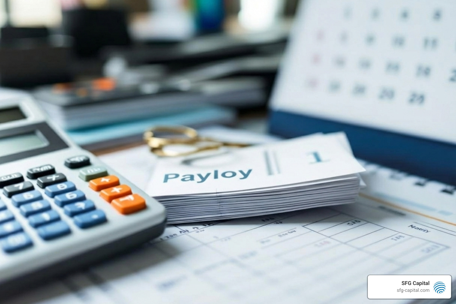 calculator, payroll stubs, and a calendar - Employee Retention Credit