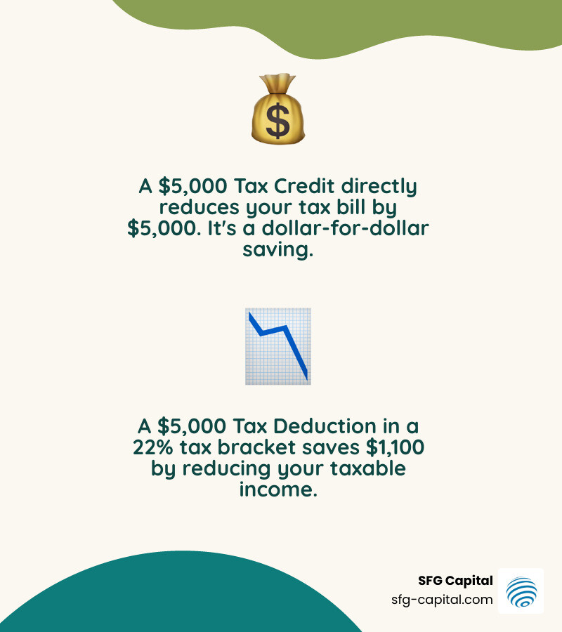 infographic showing a side-by-side comparison of how a $5,000 tax credit saves $5,000 in taxes while a $5,000 tax deduction only saves $1,100 for a business in the 22% tax bracket, with visual representations of dollar bills and percentage calculations - Business tax credit infographic 2_facts_emoji_nature infographic showing a side-by-side comparison of how a $5,000 tax credit saves $5,000 in taxes while a $5,000 tax deduction only saves $1,100 for a business in the 22% tax bracket, with visual representations of dollar bills and percentage calculations - Business tax credit infographic 2_facts_emoji_nature