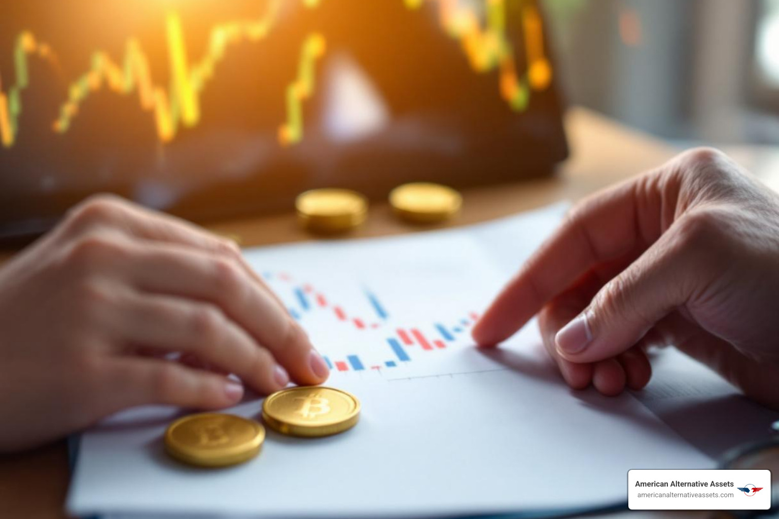 A person reviewing a financial chart with a gold coin on their desk, symbolizing thoughtful portfolio management - diversify investment portfolio