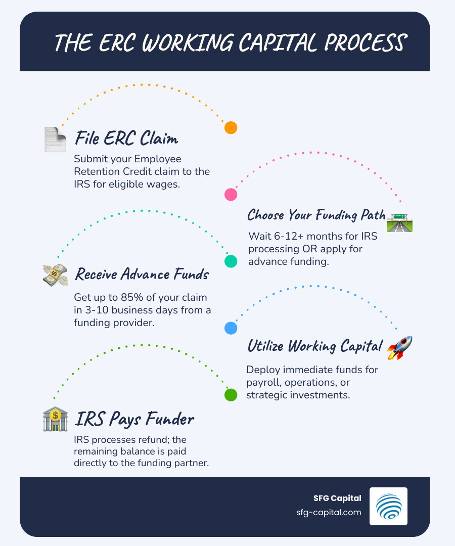 infographic showing the ERC working capital process: File ERC claim → Wait 12+ months for IRS OR Get advance funding → Receive 85% in 3-10 days → Use funds for operations → IRS pays remaining balance to funder - erc working capital infographic infographic-line-5-steps-blues-accent_colors infographic showing the ERC working capital process: File ERC claim → Wait 12+ months for IRS OR Get advance funding → Receive 85% in 3-10 days → Use funds for operations → IRS pays remaining balance to funder - erc working capital infographic infographic-line-5-steps-blues-accent_colors