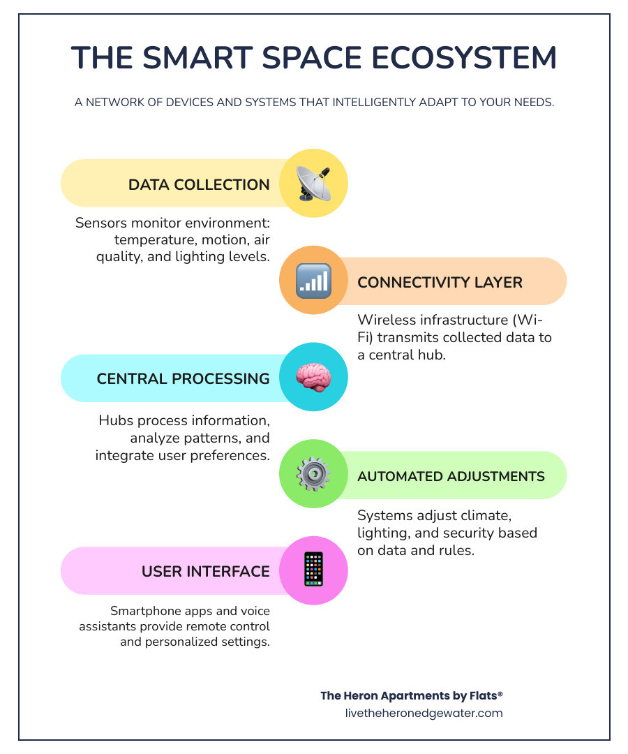 Infographic showing the network of smart space technology components: sensors collect data on temperature, motion, and air quality; connectivity layer transmits data via Wi-Fi and wireless infrastructure; central hub processes information through apps and voice assistants; automated systems adjust lighting, climate, and security; user interfaces provide remote control and personalized settings - smart space technology infographic infographic-line-5-steps-colors