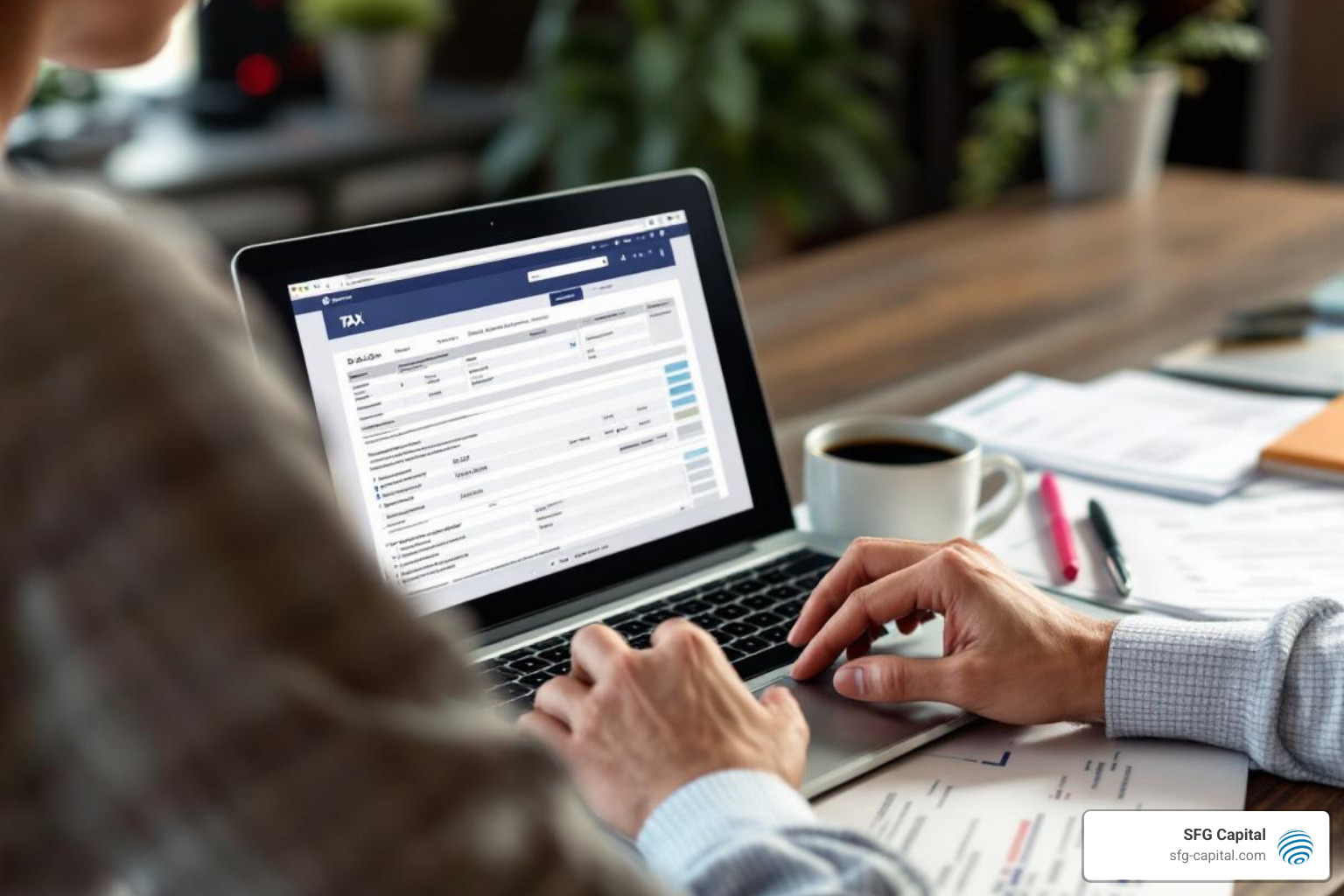 Person filling out a tax form on a computer - Apply ERC credit Person filling out a tax form on a computer - Apply ERC credit