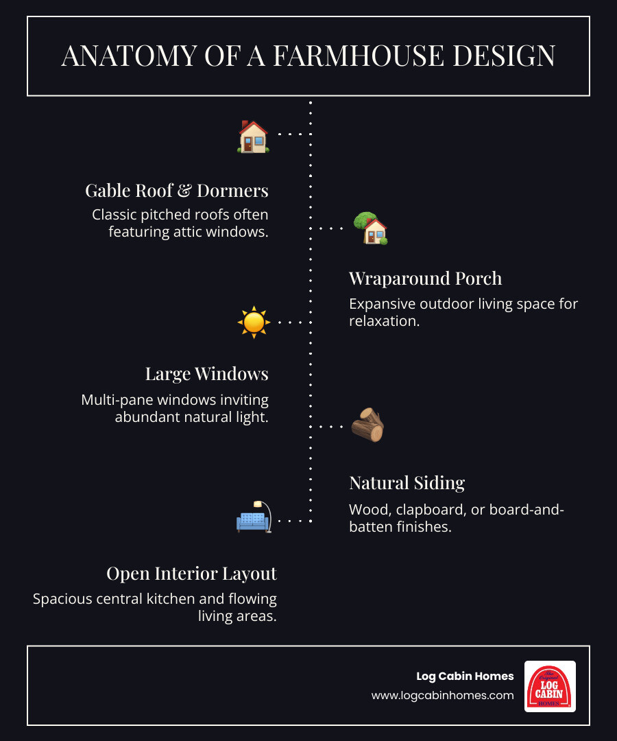 infographic showing the anatomy of a farmhouse design with labeled elements including gable roof with dormers, full-width wraparound porch, large multi-pane windows, natural wood or clapboard siding, central kitchen space, and open floor plan layout - farmhouse architectural plans infographic infographic-line-5-steps-dark