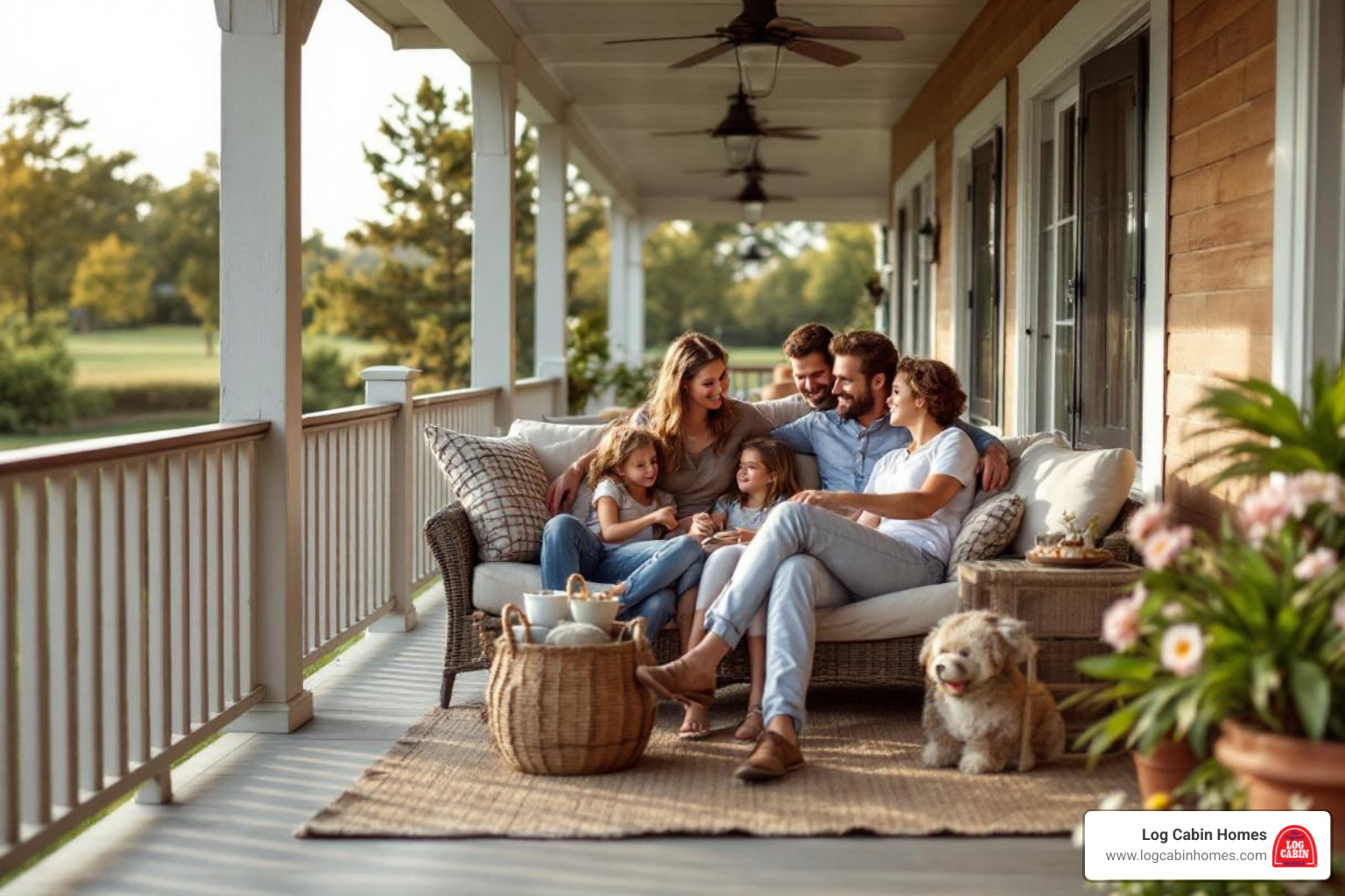 family relaxing on a large farmhouse porch - farmhouse architectural plans