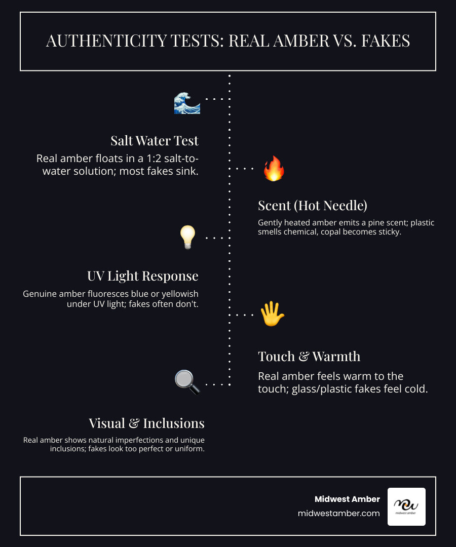 Infographic showing side-by-side comparison of real Baltic amber versus copal and plastic fakes, including visual differences in appearance, results of salt water test (real amber floats, fakes sink), hot needle test reactions (amber releases pine scent and white smoke, plastic melts and smells chemical, copal becomes sticky), UV light response (real amber glows blue/yellow, fakes show minimal or no fluorescence), and touch temperature (amber feels warm, glass and plastic feel cold) - Real amber for sale infographic infographic-line-5-steps-dark