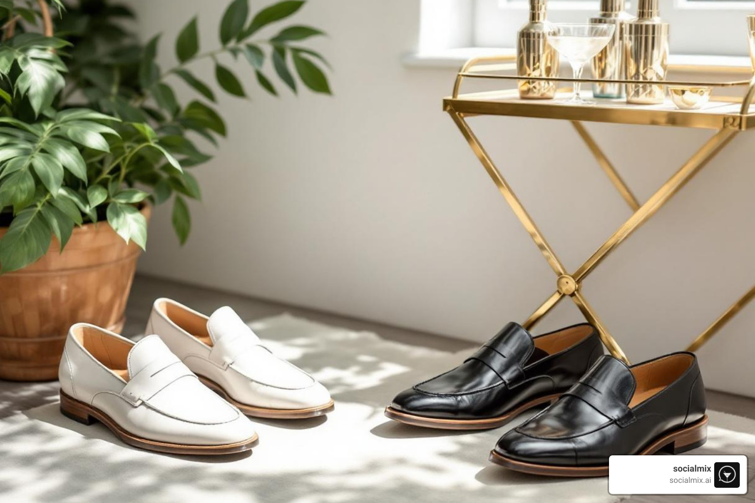 stylish men's footwear options like loafers and oxfords next to a bar cart with cocktail shakers and glasses - summer cocktail attire men wedding