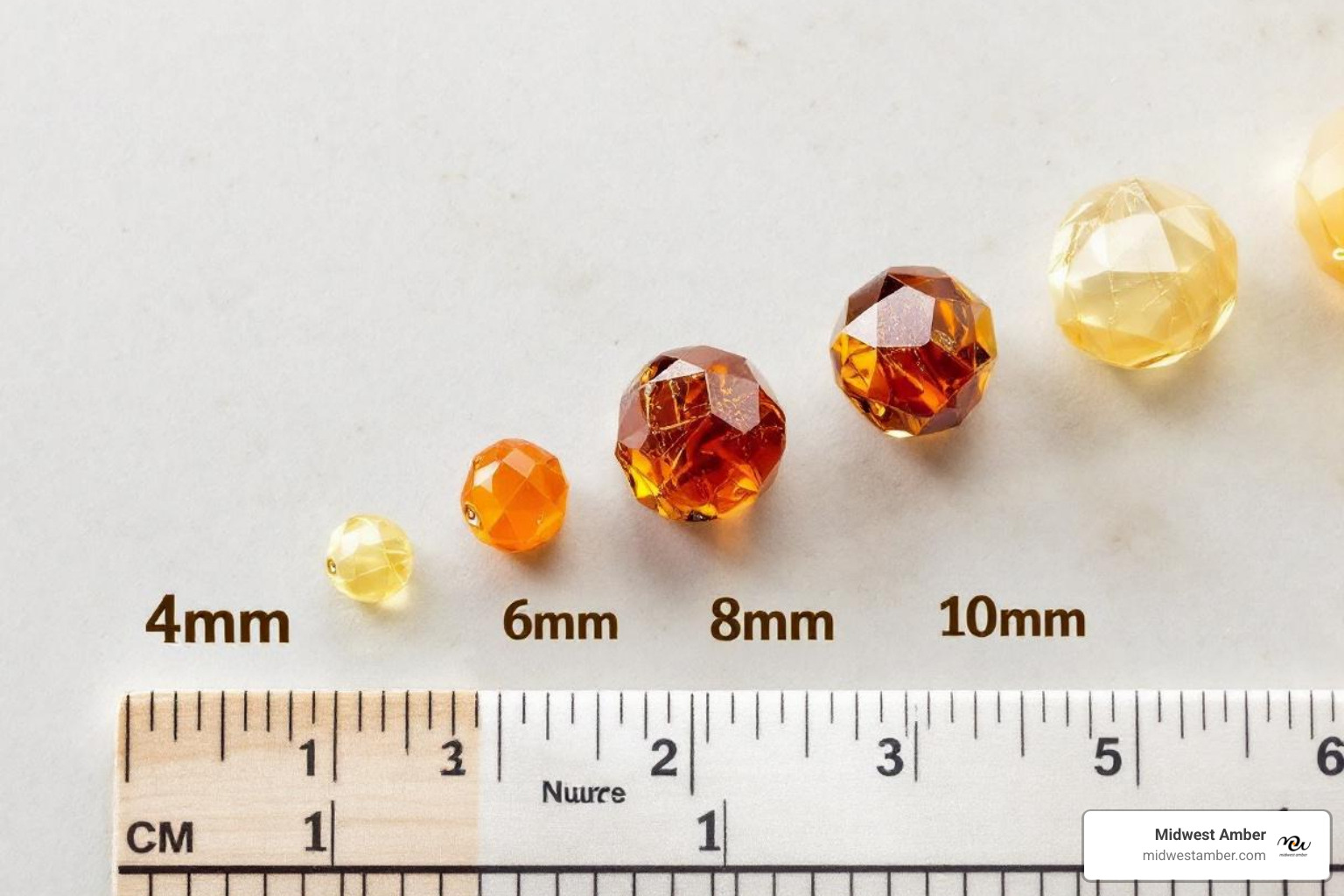 comparing different bead sizes (e.g., 4mm, 6mm, 8mm) against a ruler - amber beads for jewelry making