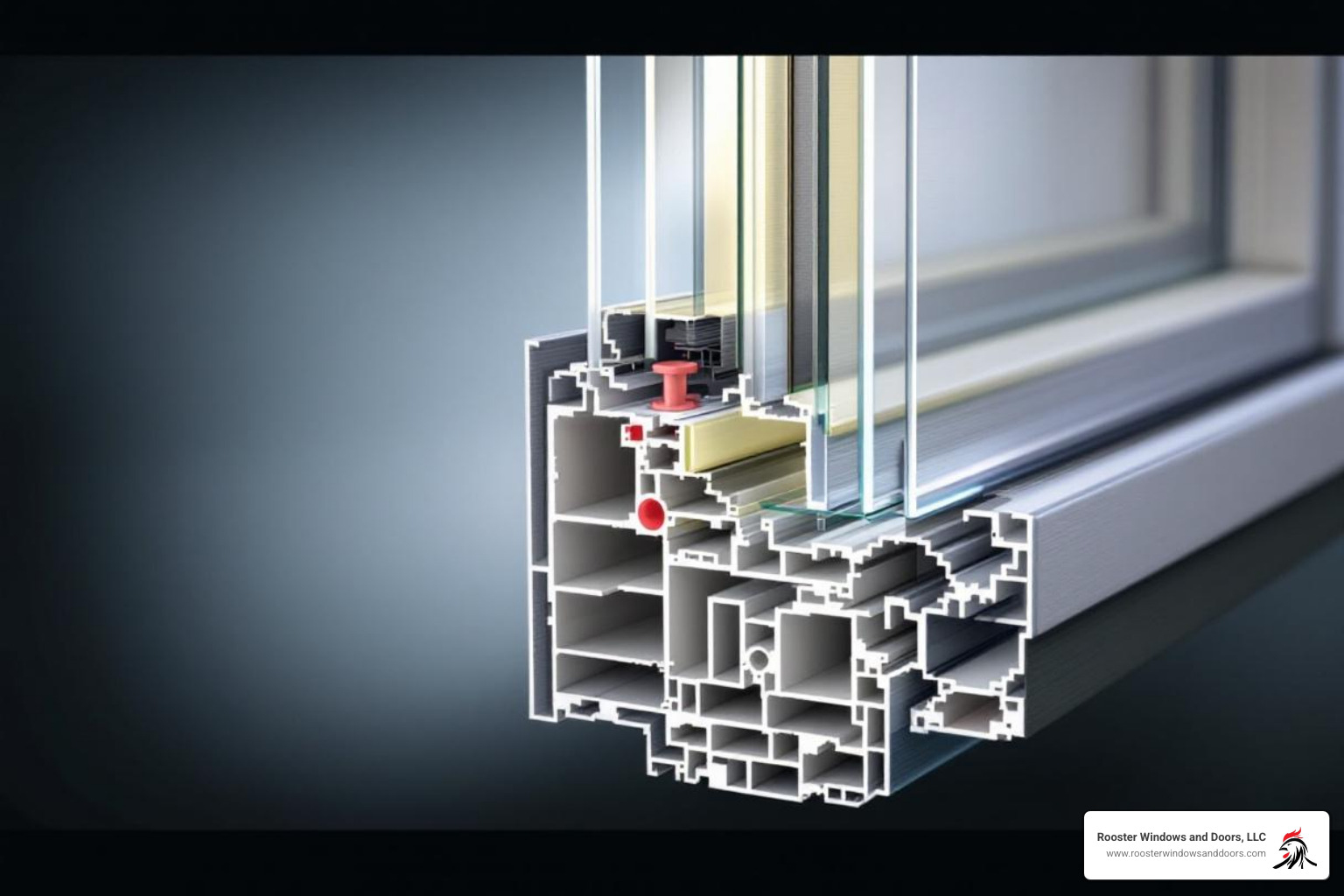 cross-section of multi-chambered vinyl window frame with glass panes and gas fill - double hung vinyl windows