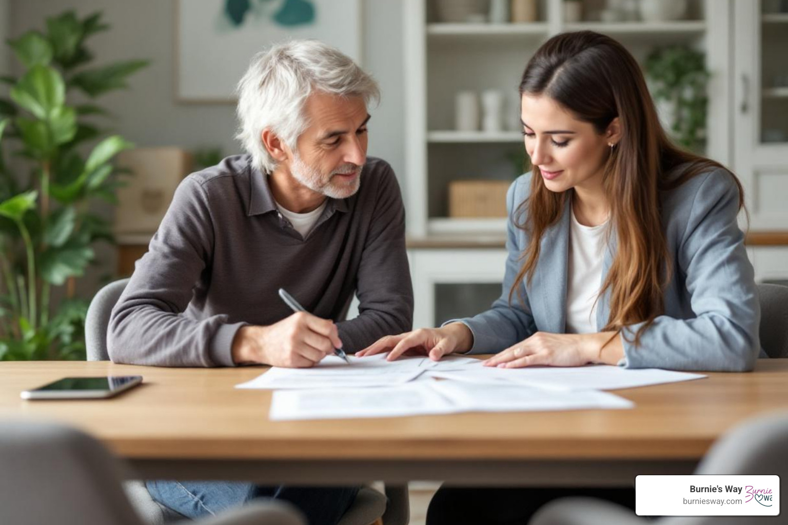 two people discussing documents at a table - personalized elder care two people discussing documents at a table - personalized elder care