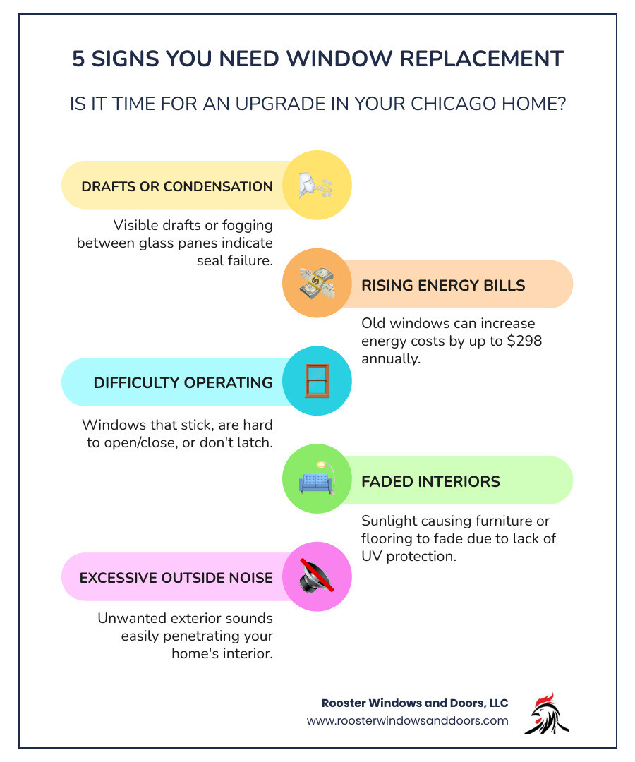 Infographic showing 5 signs you need window replacement: 1) Visible drafts or condensation between panes, 2) Rising energy bills (up to $298/year from drafty windows), 3) Difficulty opening or closing windows, 4) Faded furniture from UV damage, 5) Audible outside noise penetrating indoors - window replacement companies chicago infographic infographic-line-5-steps-colors