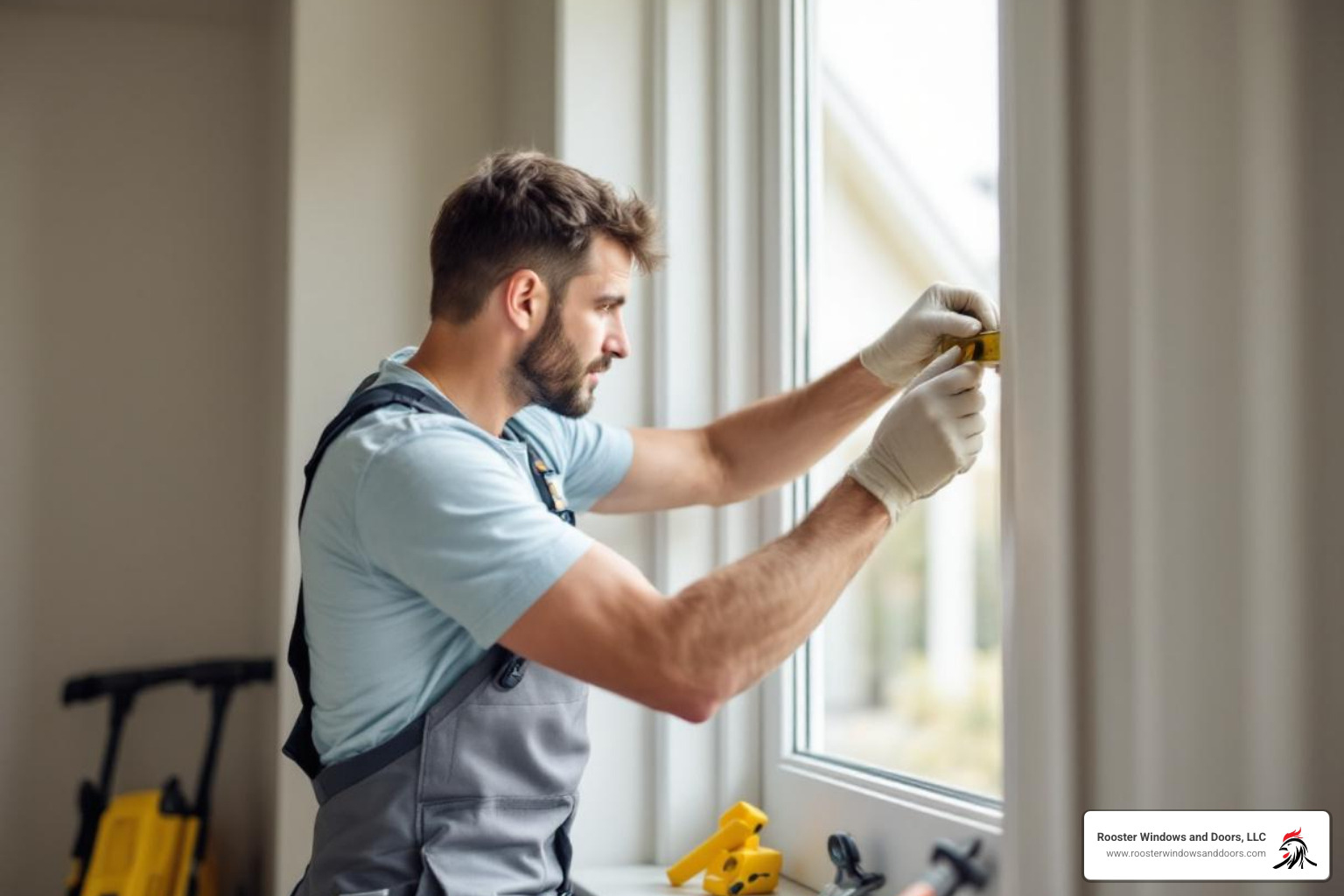 Professional installer carefully measuring a window frame - window replacement companies chicago