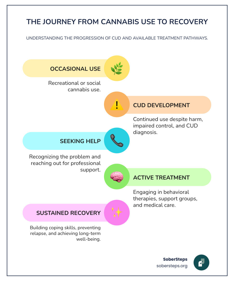 infographic showing the progression from occasional marijuana use to cannabis use disorder, with arrows pointing to different treatment pathways including therapy, support groups, and medical supervision, ending in long-term recovery - marijuana treatment options infographic infographic-line-5-steps-colors infographic showing the progression from occasional marijuana use to cannabis use disorder, with arrows pointing to different treatment pathways including therapy, support groups, and medical supervision, ending in long-term recovery - marijuana treatment options infographic infographic-line-5-steps-colors