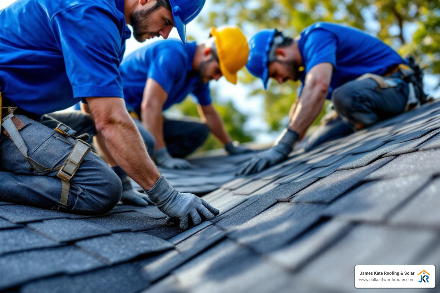 A roofing team in royal blue James Kate Roofing shirts carefully installing shingles on a residential roof (no hard hats). - roofing companies dallas fort worth A roofing team in royal blue James Kate Roofing shirts carefully installing shingles on a residential roof (no hard hats). - roofing companies dallas fort worth