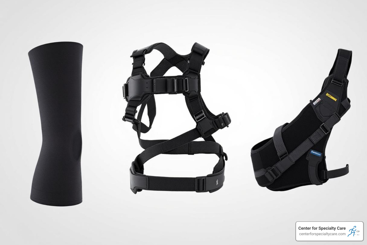 three different styles of shoulder braces: a compression sleeve, a more structured stabilizer, and a sling-style immobilizer - Rotator cuff sleeping brace
