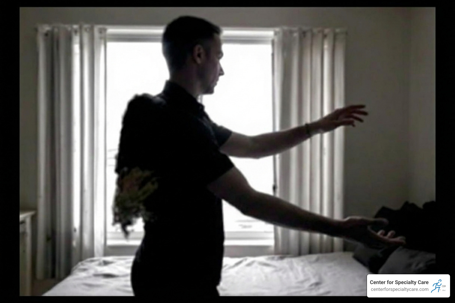 person gently performing a pendulum stretch near their bed - Rotator cuff sleeping brace