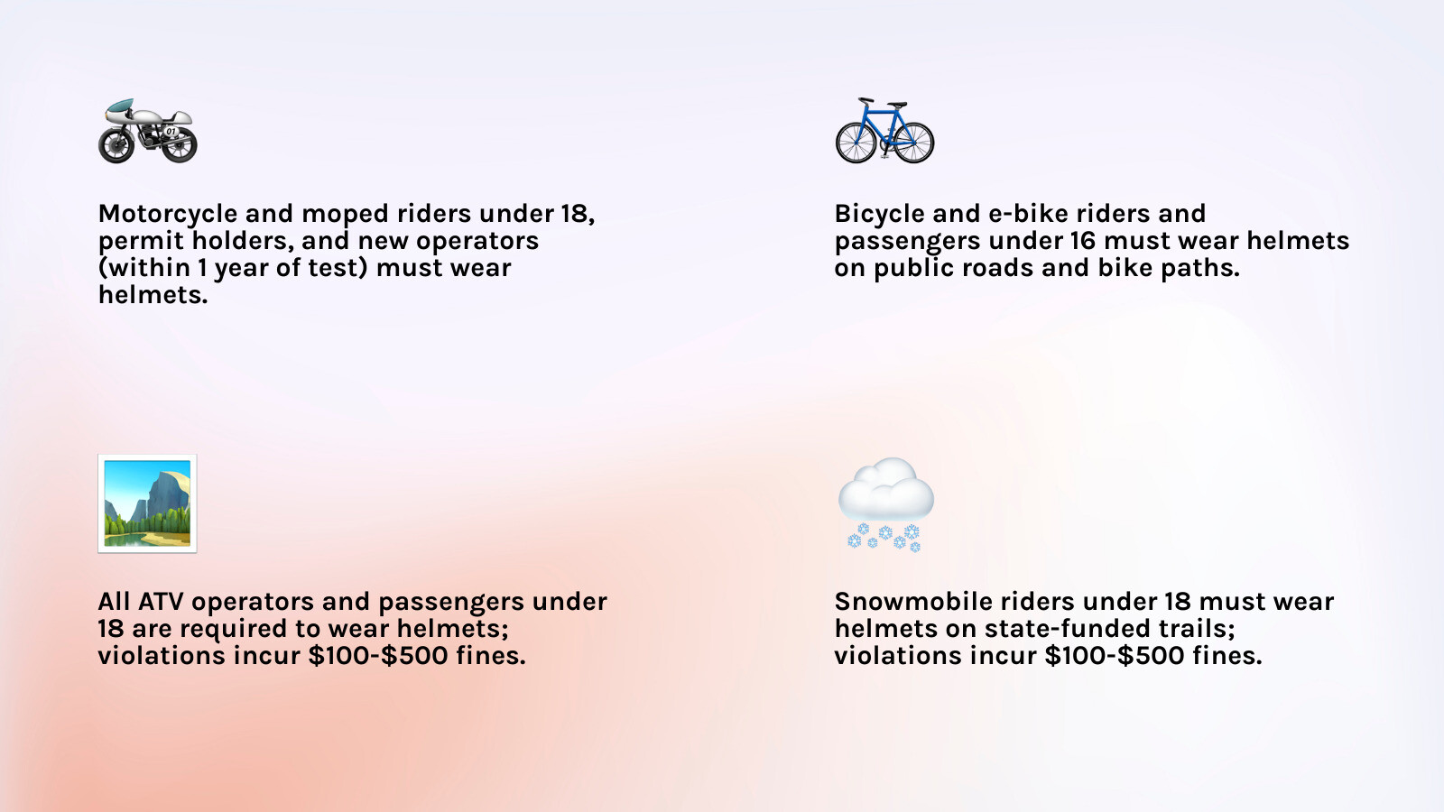 Infographic showing Maine helmet requirements by vehicle type: motorcycles require helmets for riders under 18, learner's permit holders, and operators within one year of passing their test; bicycles require helmets for anyone under 16; ATVs require helmets for all riders under 18 with fines of $100-$500; snowmobiles require helmets for riders under 18 on state-funded trails with similar fines - does maine have a helmet law infographic 4_facts_emoji_light-gradient